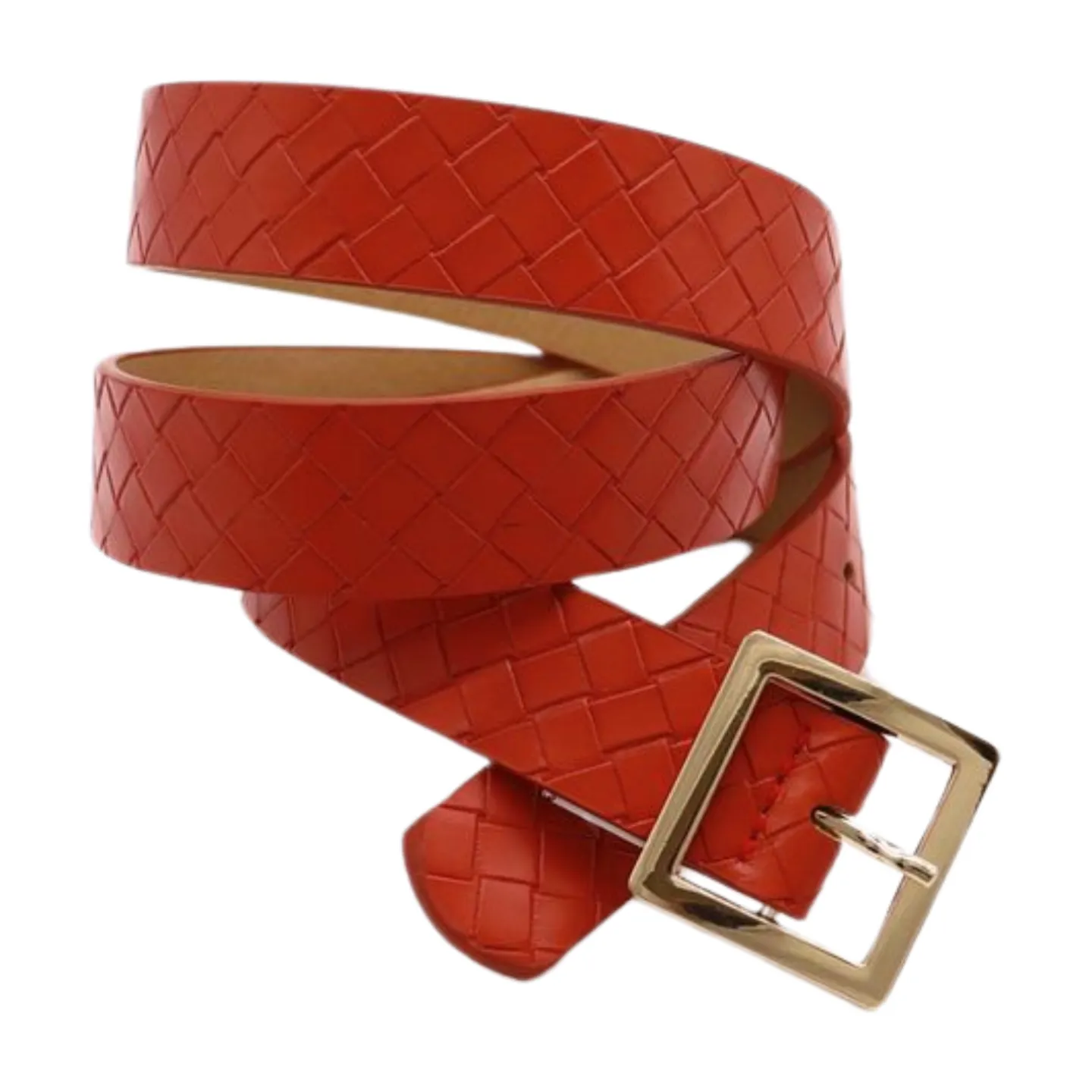 Women Orange Basket Weave Skinny Belt Gold Metal Square Buckle Size S M