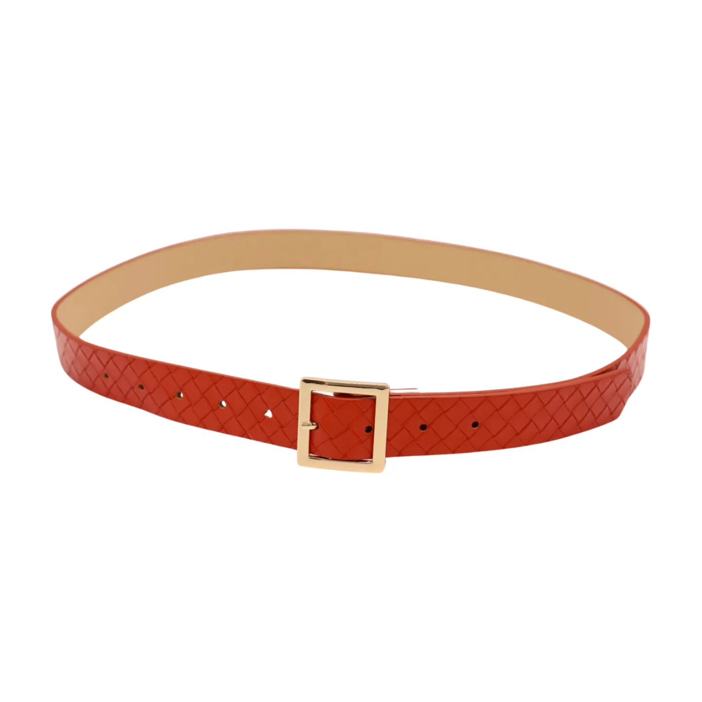 Women Orange Basket Weave Skinny Belt Gold Metal Square Buckle Size S M