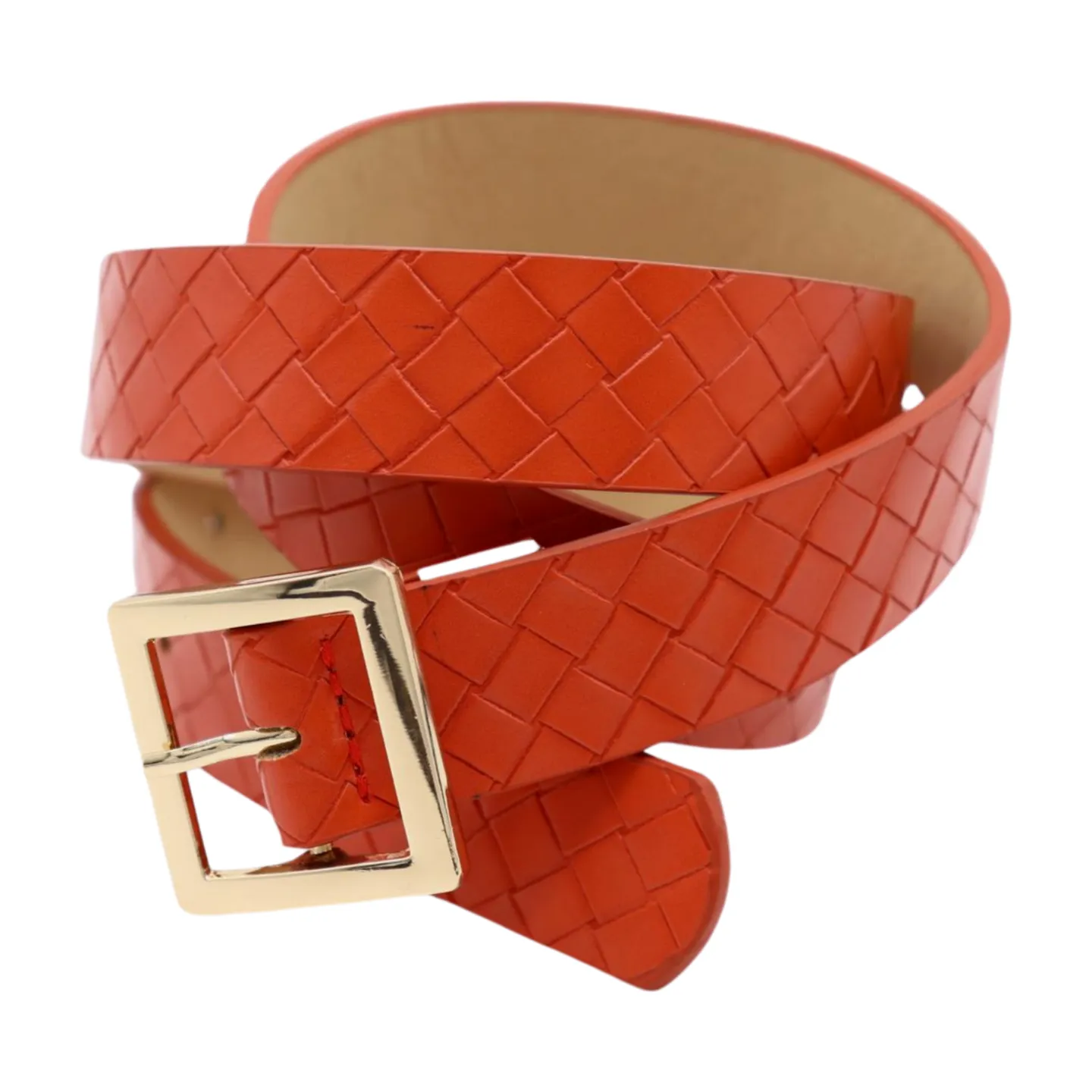 Women Orange Basket Weave Skinny Belt Gold Metal Square Buckle Size S M