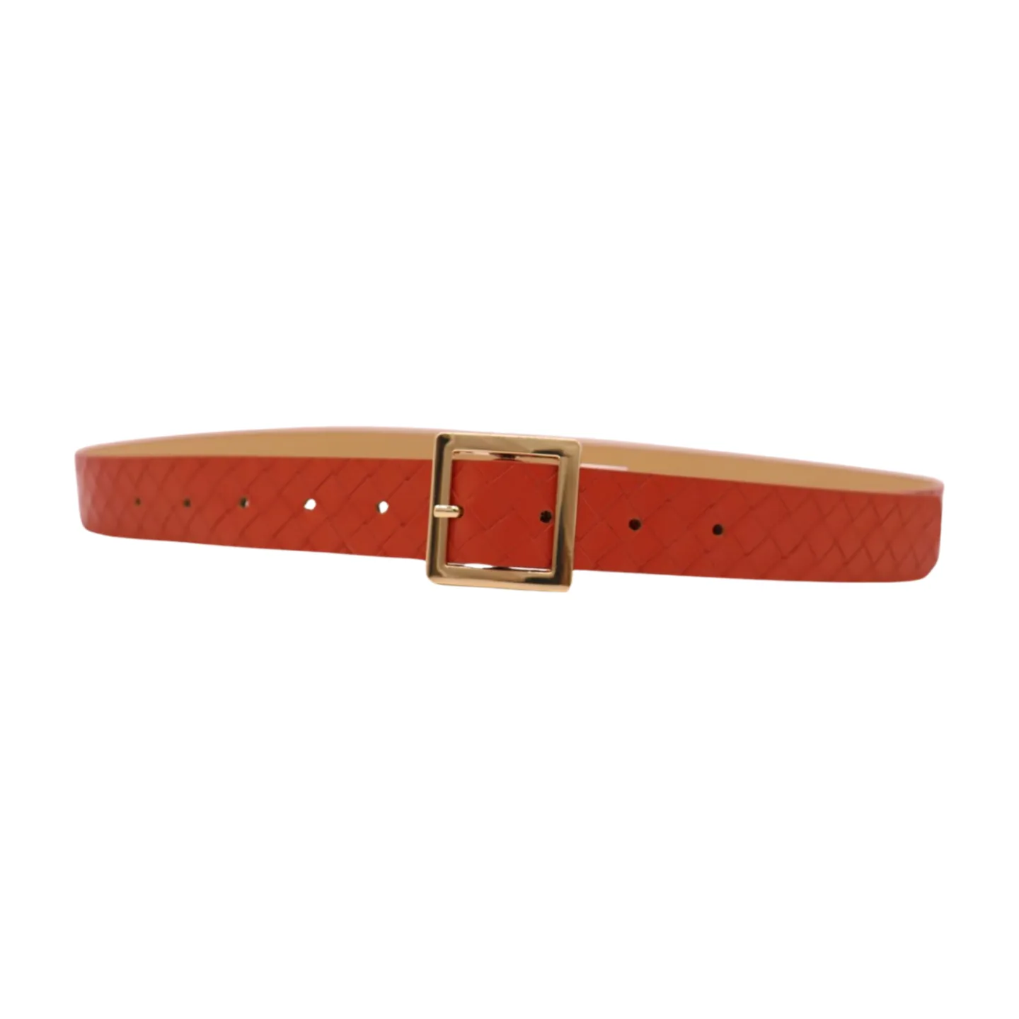 Women Orange Basket Weave Skinny Belt Gold Metal Square Buckle Size S M
