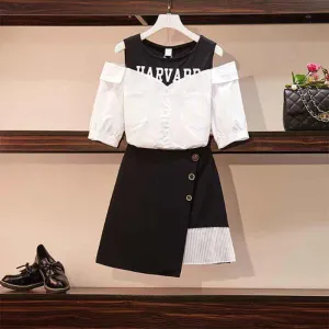 Women Sexy Off-shoulder Sleeve T-Shirt  Irregular Skirt 2pc Office Lady T-shirt Skirt Suit
