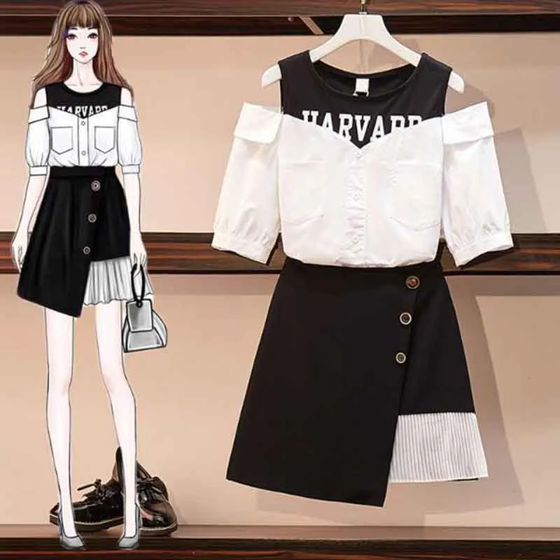 Women Sexy Off-shoulder Sleeve T-Shirt  Irregular Skirt 2pc Office Lady T-shirt Skirt Suit