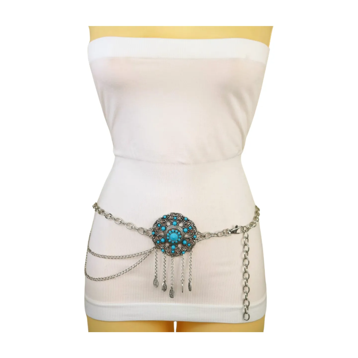 Women Silver Metal Chain Bohemian Belt Turquoise Blue Beads Flower Charm M L XL