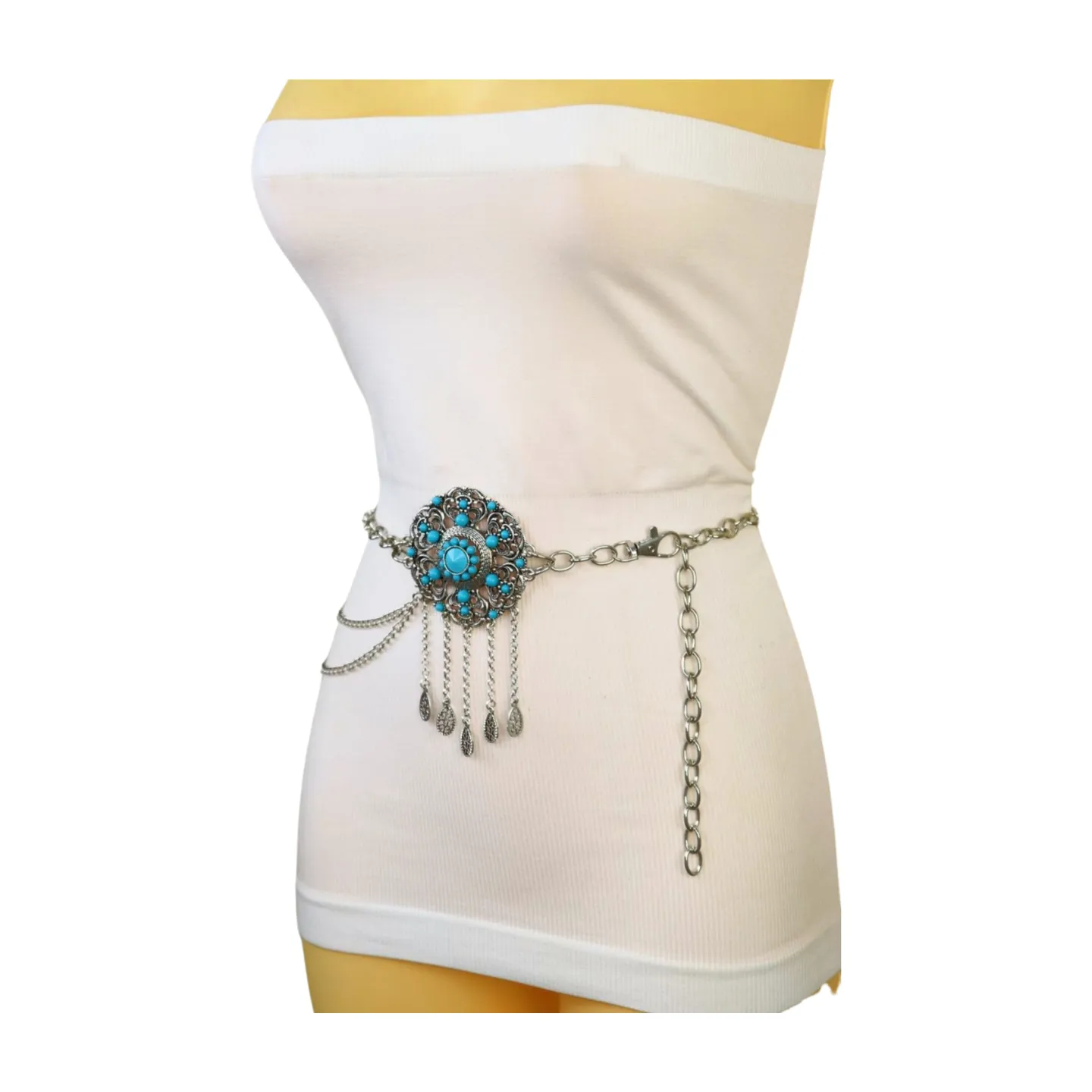 Women Silver Metal Chain Bohemian Belt Turquoise Blue Beads Flower Charm M L XL