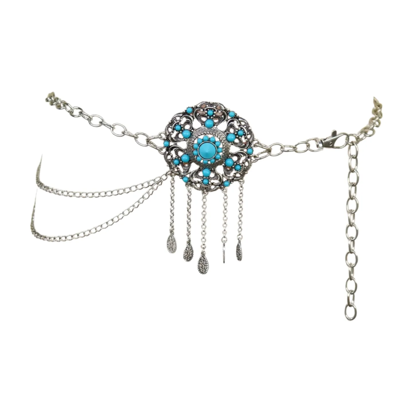 Women Silver Metal Chain Bohemian Belt Turquoise Blue Beads Flower Charm M L XL
