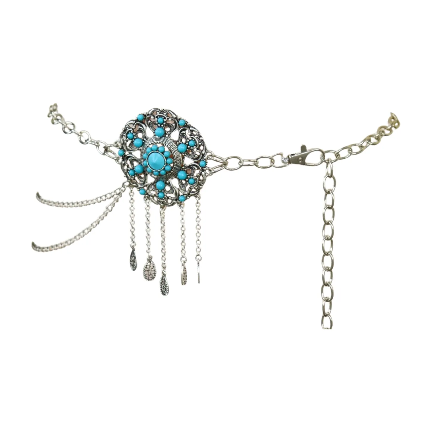 Women Silver Metal Chain Bohemian Belt Turquoise Blue Beads Flower Charm M L XL