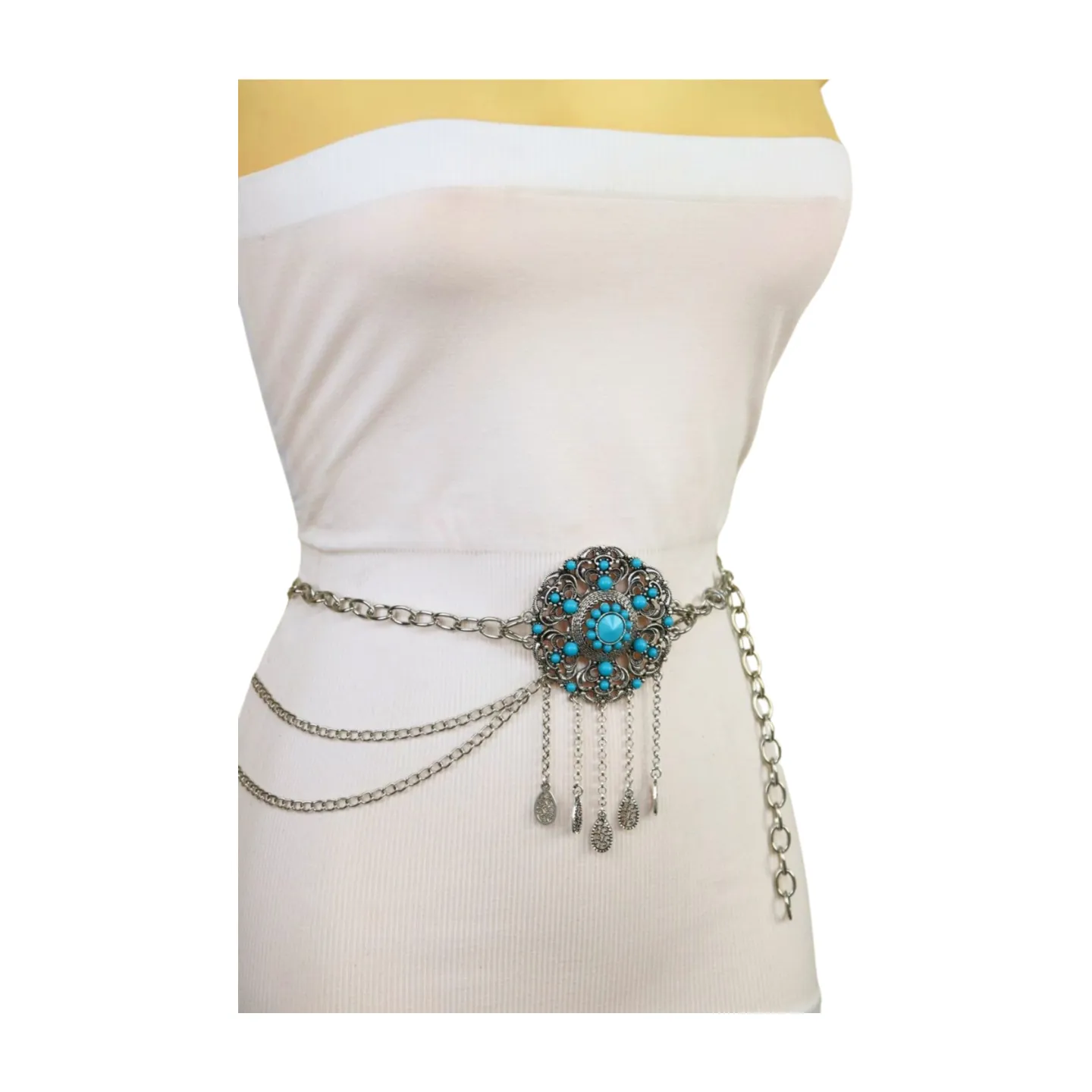 Women Silver Metal Chain Bohemian Belt Turquoise Blue Beads Flower Charm M L XL