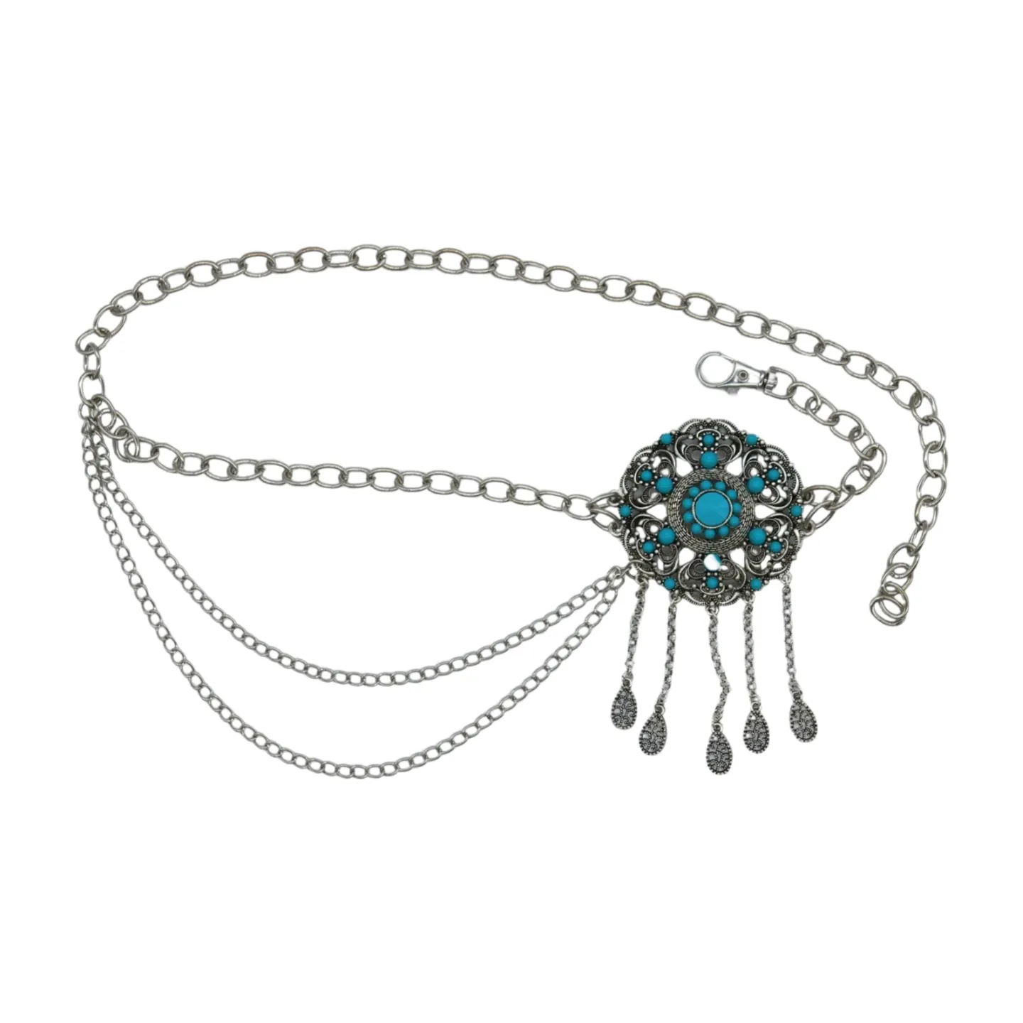 Women Silver Metal Chain Bohemian Belt Turquoise Blue Beads Flower Charm M L XL
