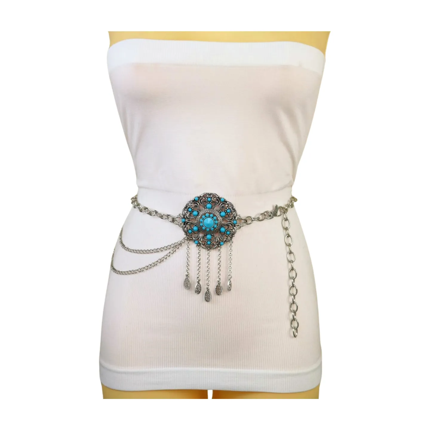 Women Silver Metal Chain Bohemian Belt Turquoise Blue Beads Flower Charm M L XL