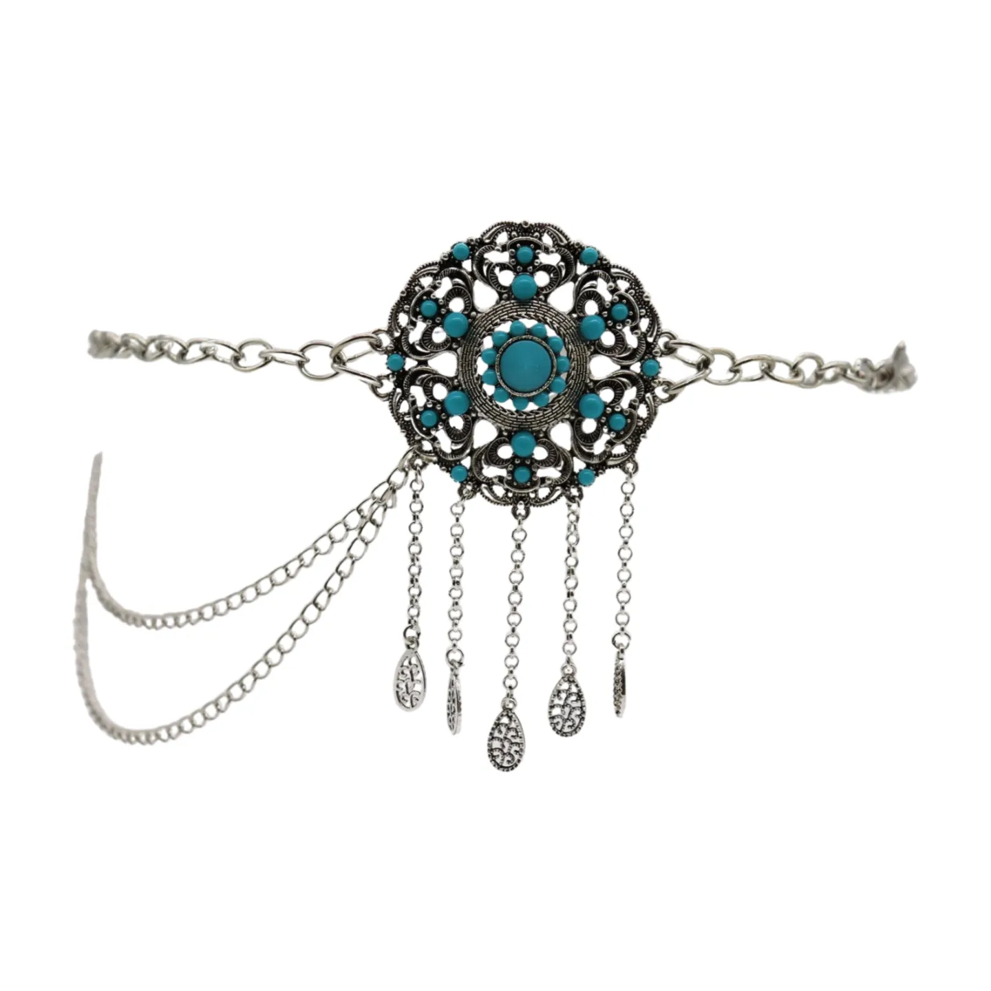 Women Silver Metal Chain Bohemian Belt Turquoise Blue Beads Flower Charm M L XL