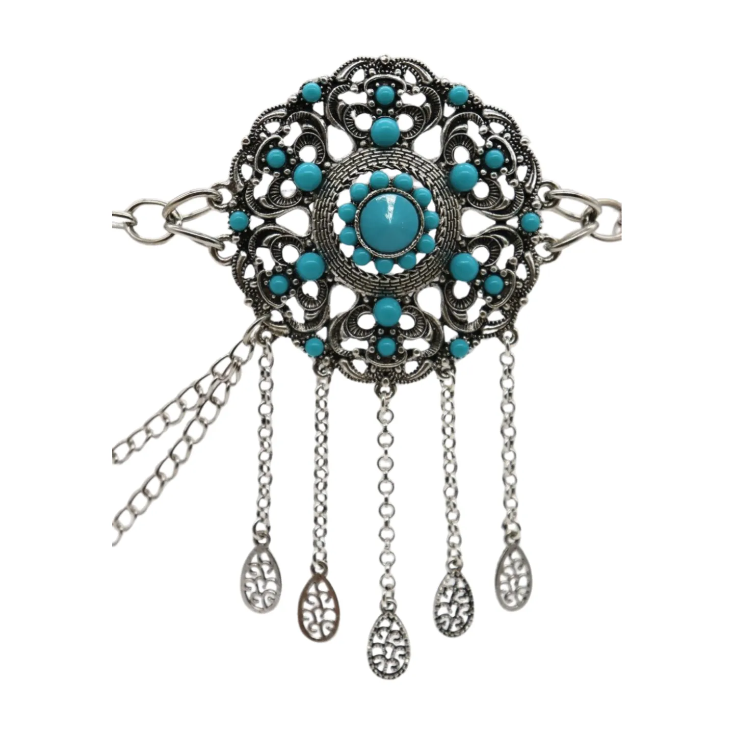 Women Silver Metal Chain Bohemian Belt Turquoise Blue Beads Flower Charm M L XL