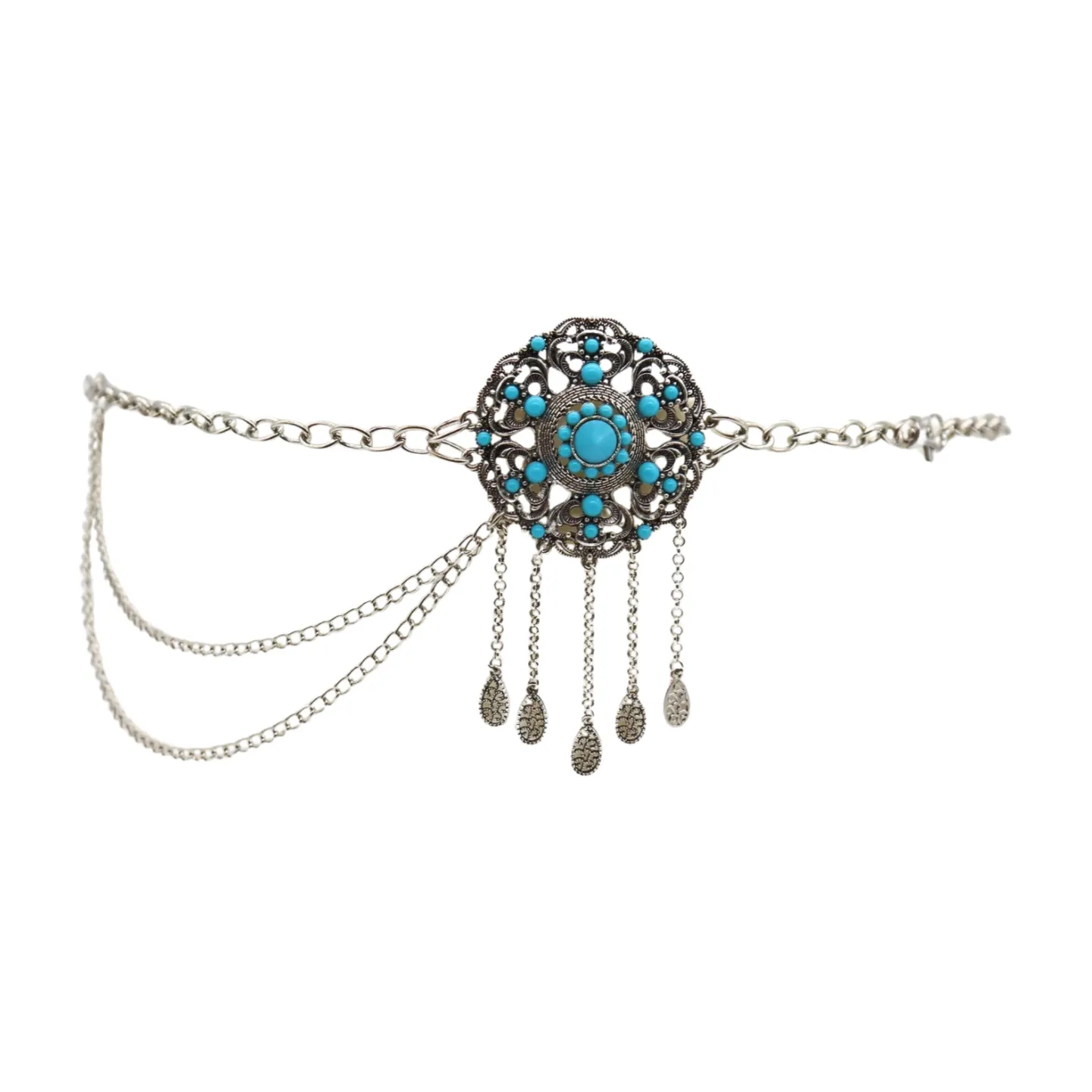Women Silver Metal Chain Bohemian Belt Turquoise Blue Beads Flower Charm M L XL