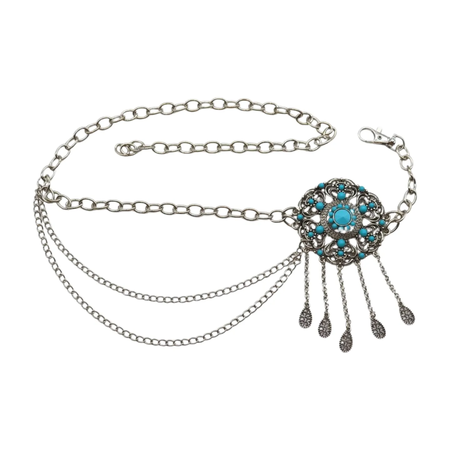 Women Silver Metal Chain Bohemian Belt Turquoise Blue Beads Flower Charm M L XL