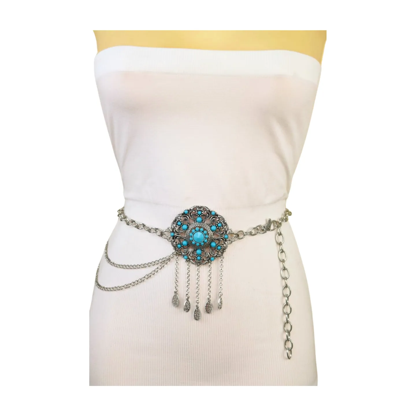 Women Silver Metal Chain Bohemian Belt Turquoise Blue Beads Flower Charm M L XL