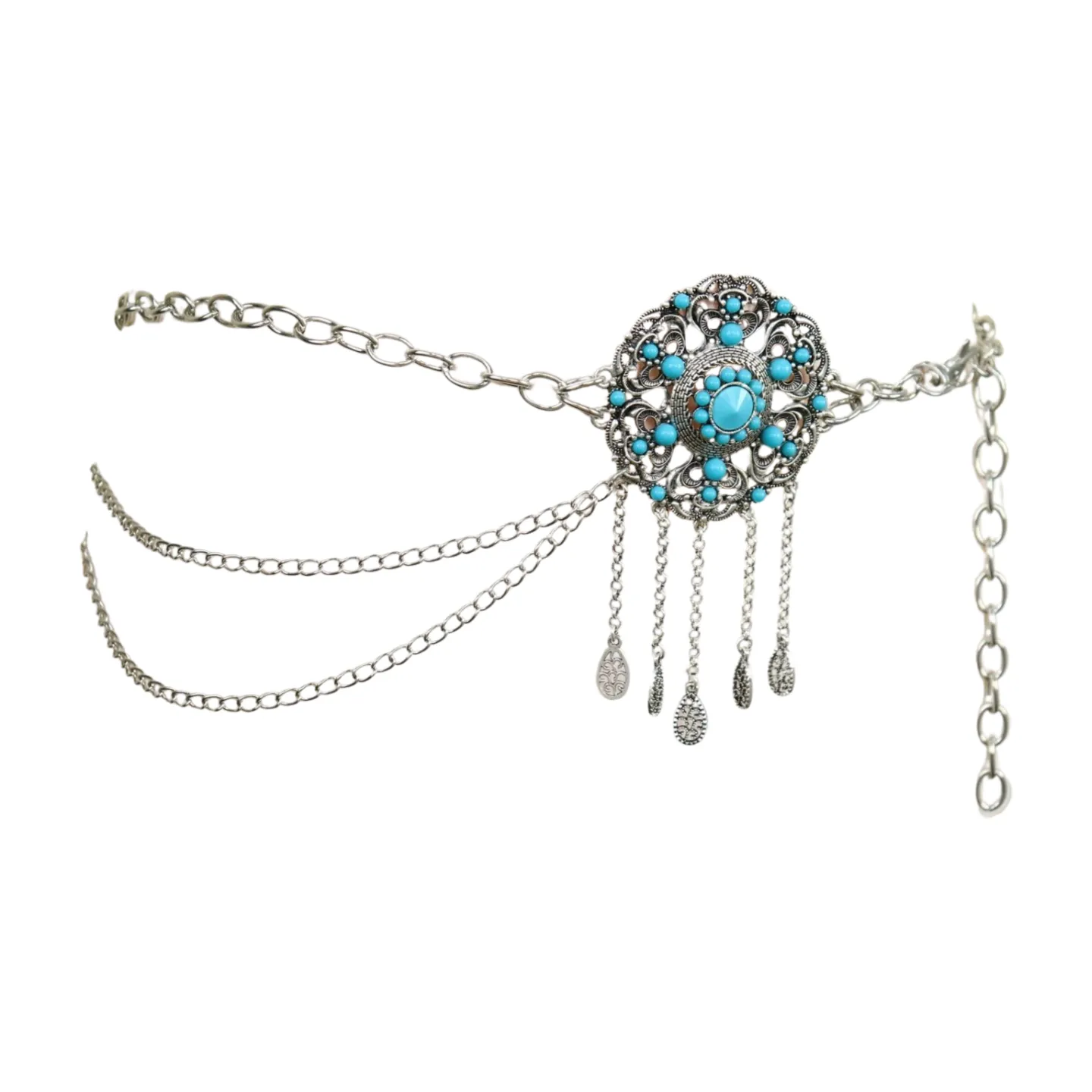 Women Silver Metal Chain Bohemian Belt Turquoise Blue Beads Flower Charm M L XL