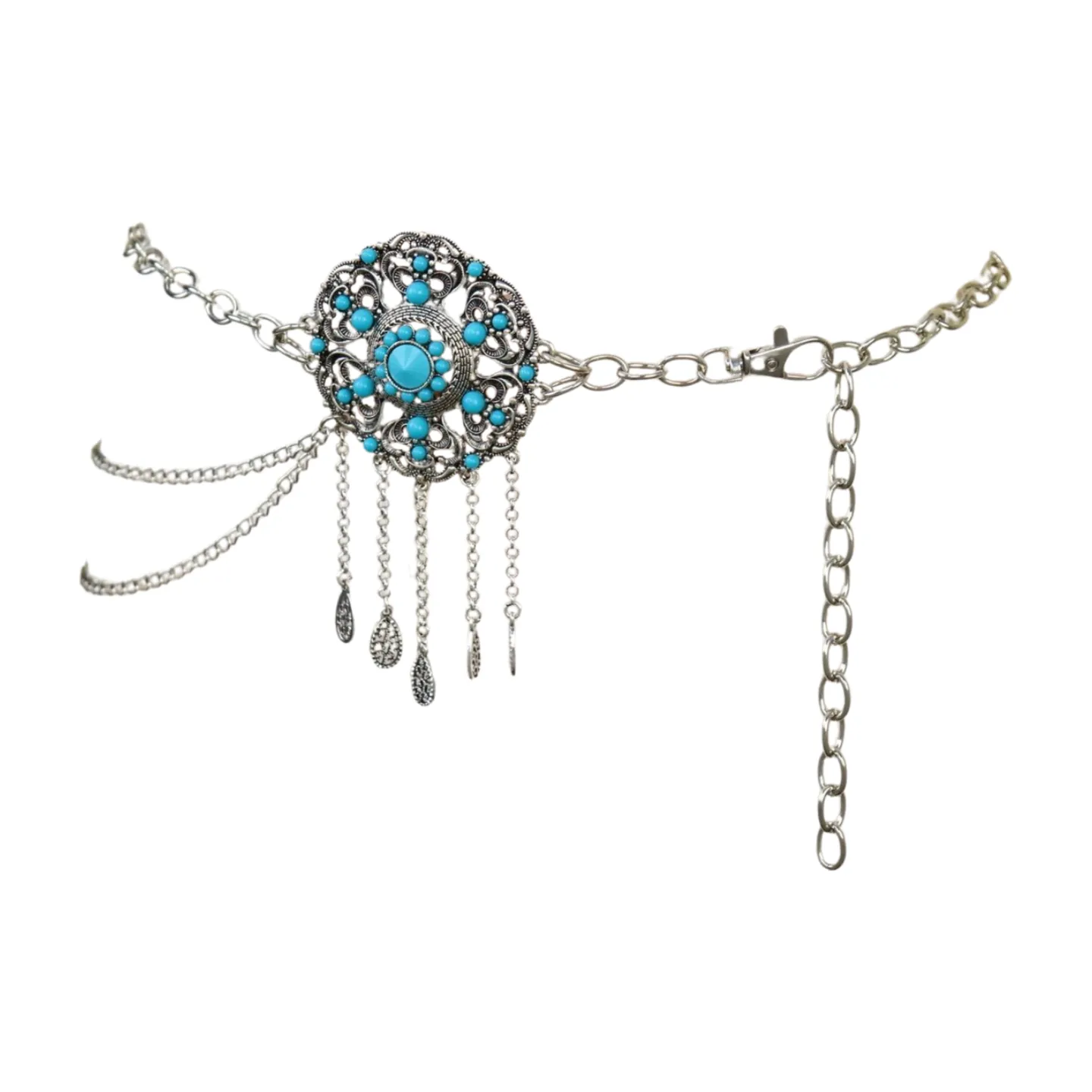 Women Silver Metal Chain Bohemian Belt Turquoise Blue Beads Flower Charm M L XL