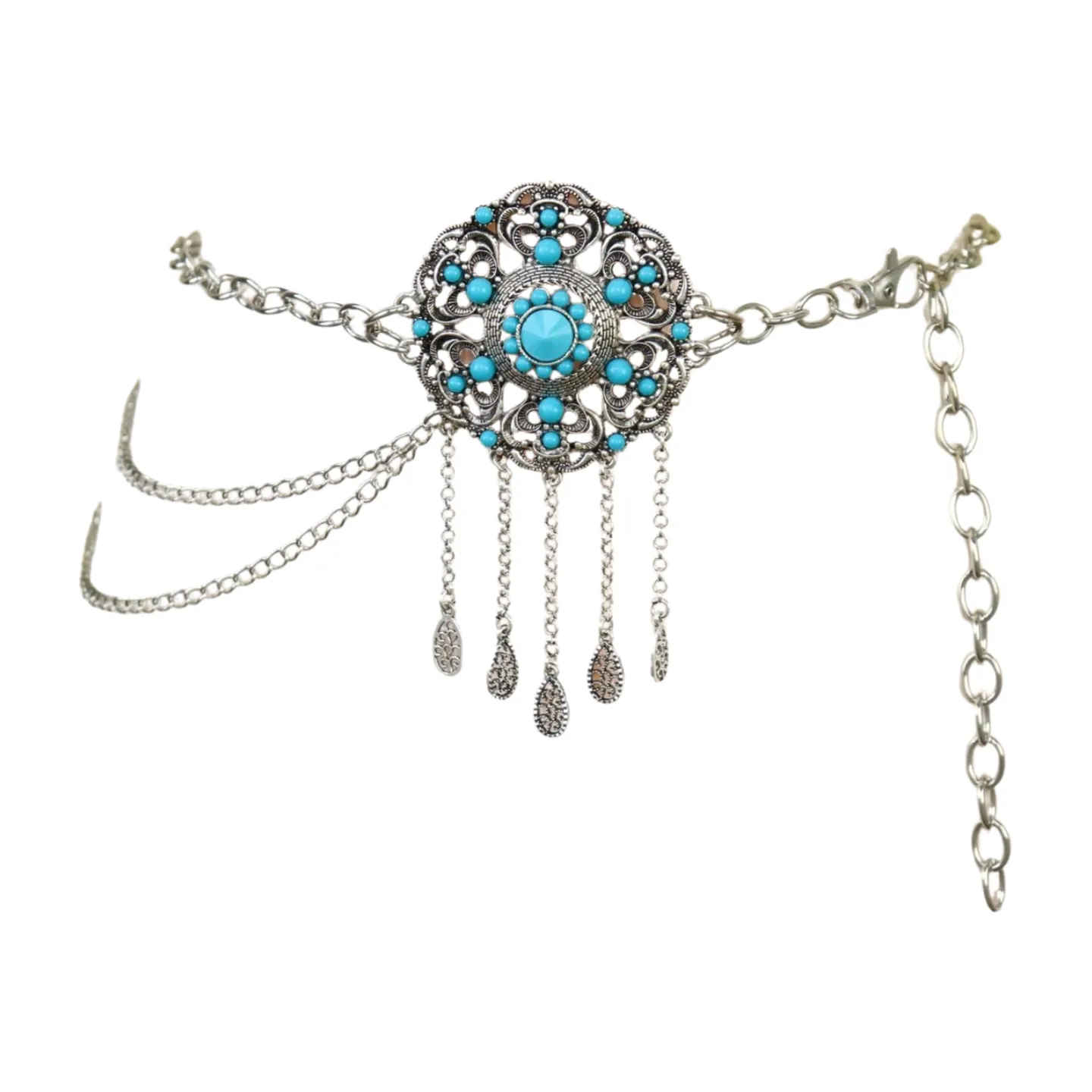 Women Silver Metal Chain Bohemian Belt Turquoise Blue Beads Flower Charm M L XL