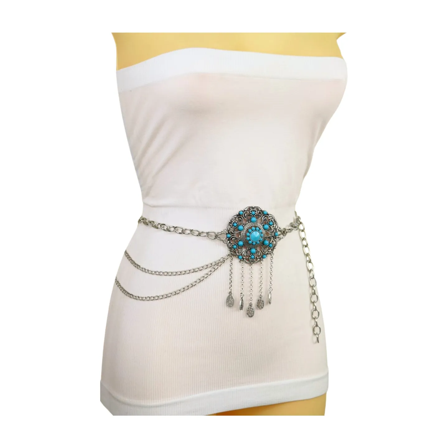 Women Silver Metal Chain Bohemian Belt Turquoise Blue Beads Flower Charm M L XL