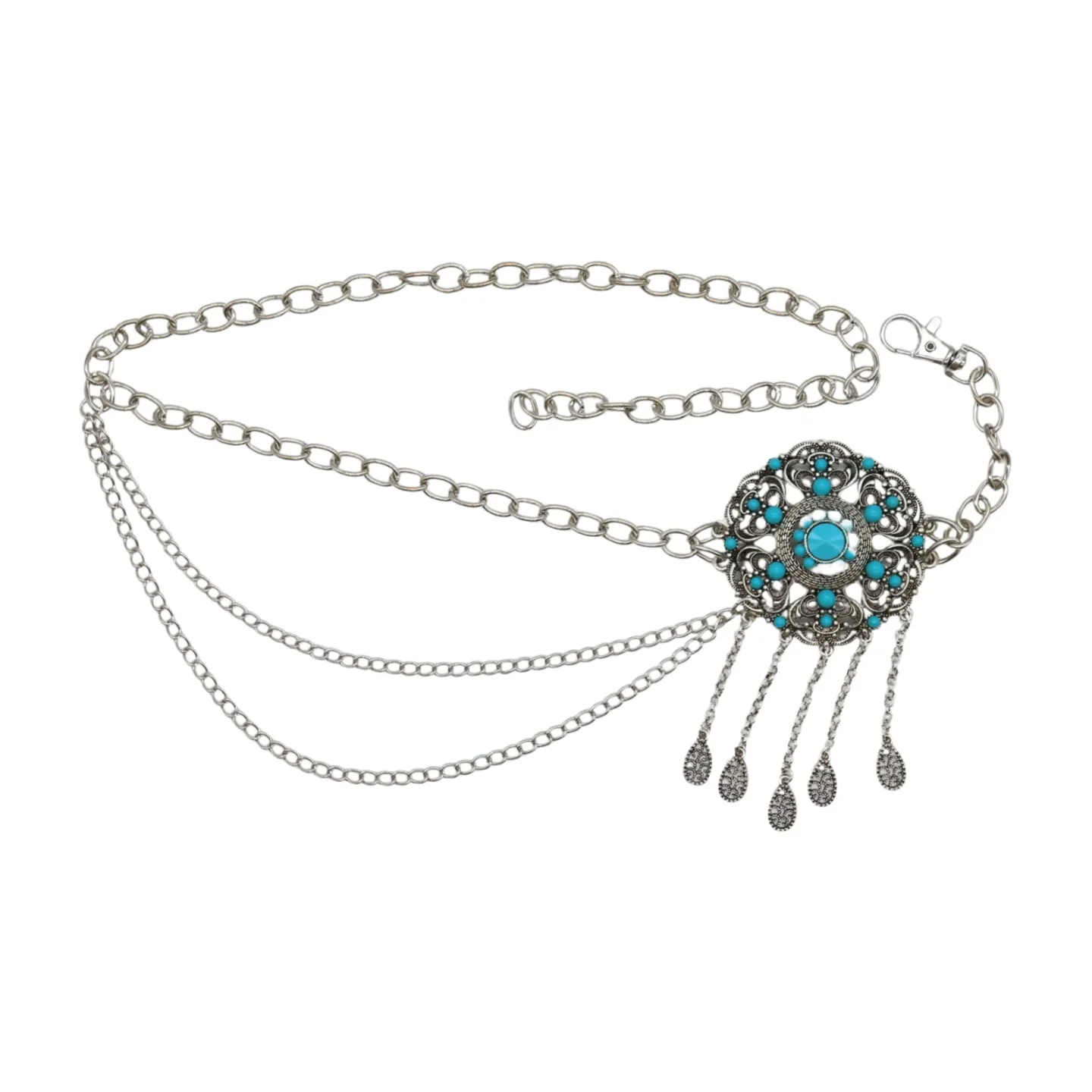 Women Silver Metal Chain Bohemian Belt Turquoise Blue Beads Flower Charm M L XL