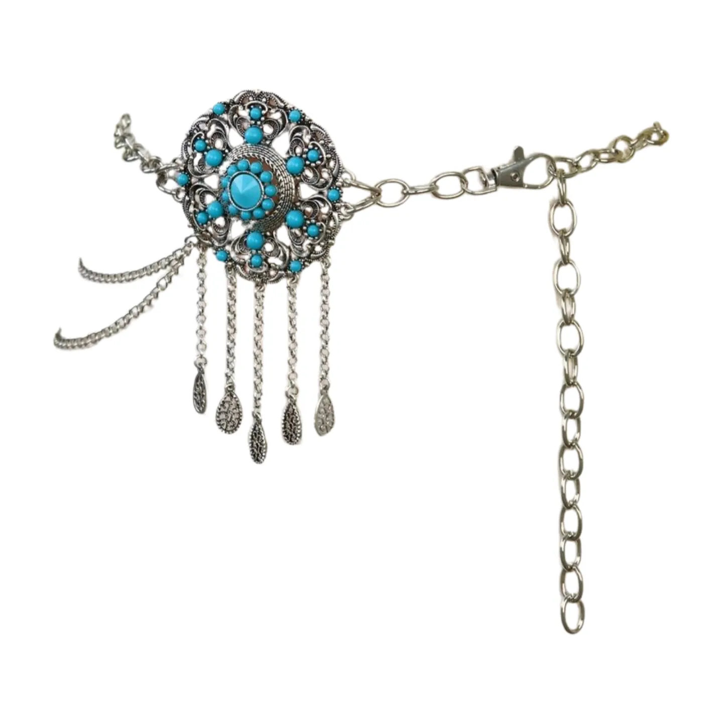 Women Silver Metal Chain Bohemian Belt Turquoise Blue Beads Flower Charm M L XL