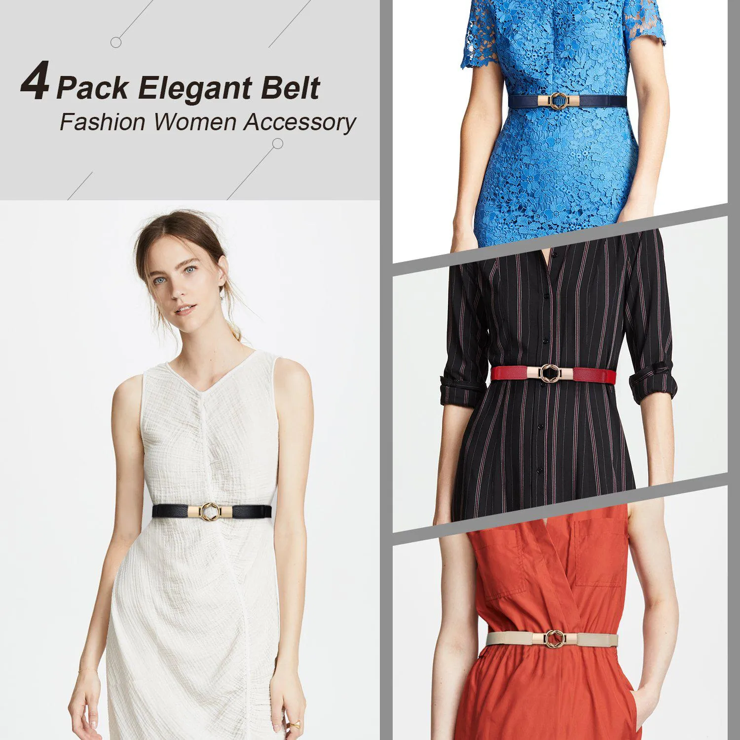 Women Skinny Belt for Dresses Retro Stretch Ladies Waist Belt Plus Size Set of 4