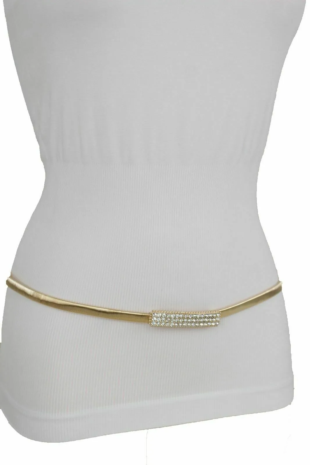 Women Skinny Gold Color Stretch Metal Waistband Fashion Belt Bling Buckle S M L