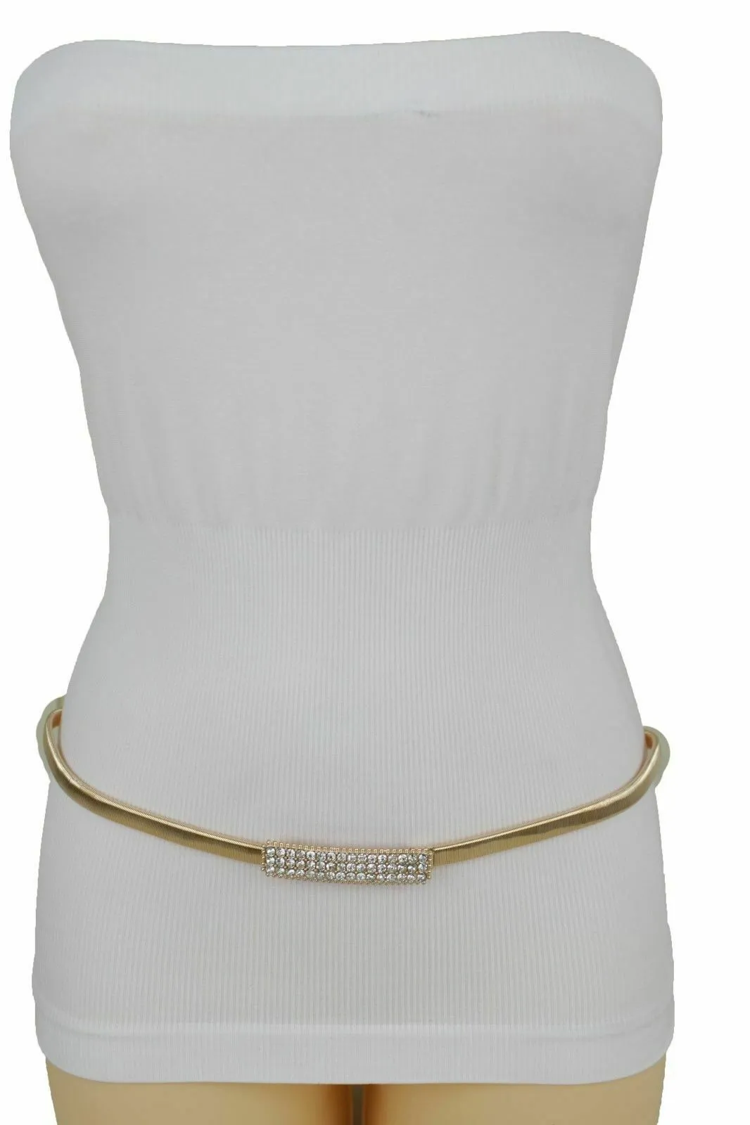 Women Skinny Gold Color Stretch Metal Waistband Fashion Belt Bling Buckle S M L