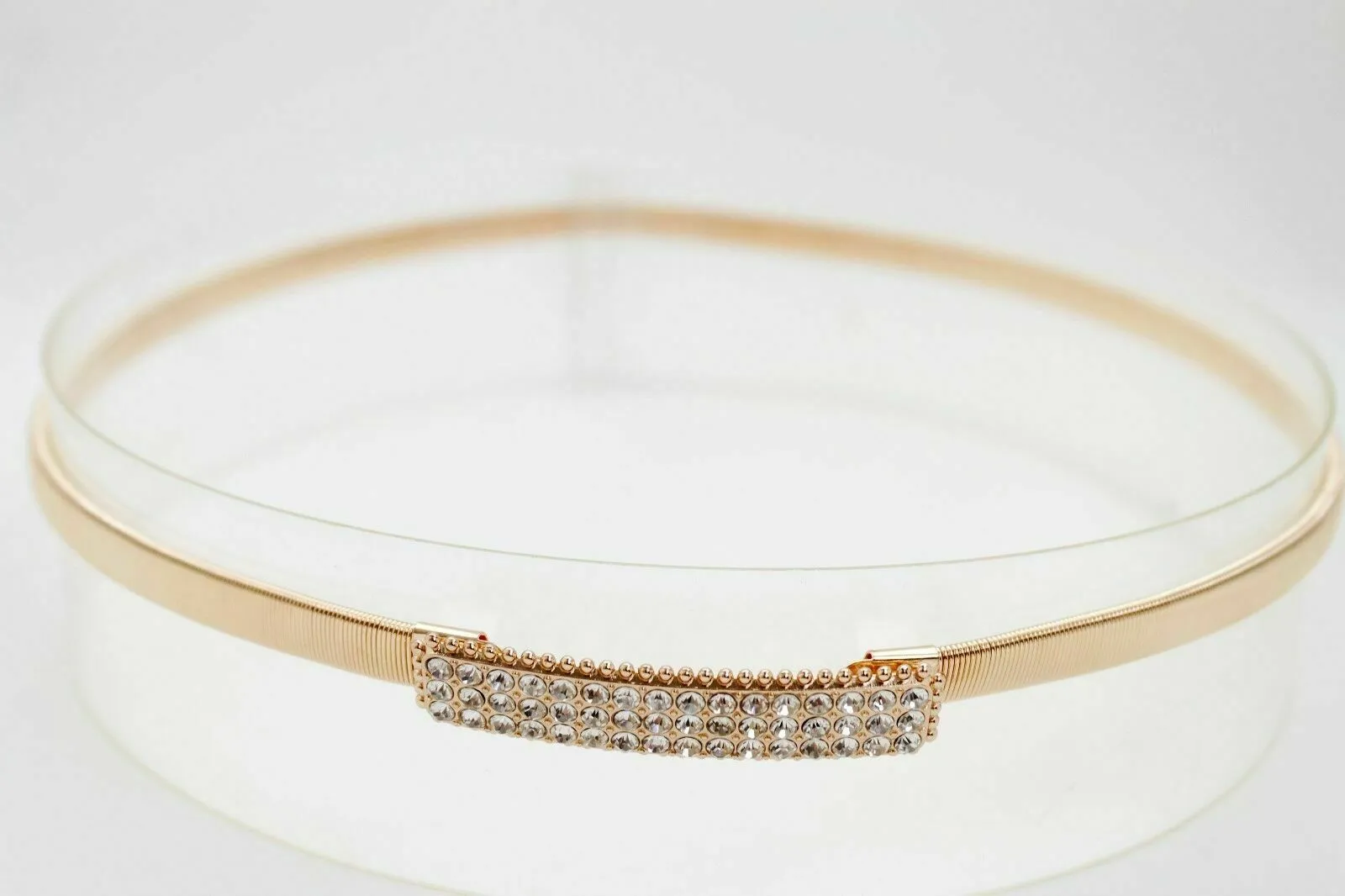 Women Skinny Gold Color Stretch Metal Waistband Fashion Belt Bling Buckle S M L