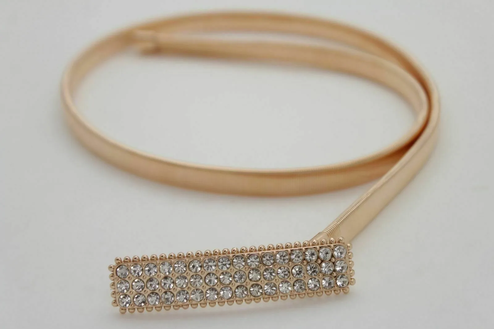 Women Skinny Gold Color Stretch Metal Waistband Fashion Belt Bling Buckle S M L
