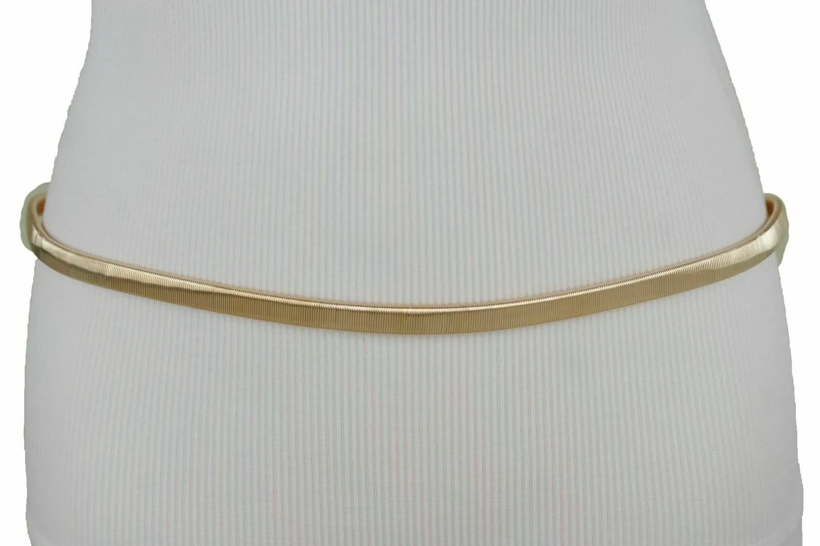 Women Skinny Gold Color Stretch Metal Waistband Fashion Belt Bling Buckle S M L