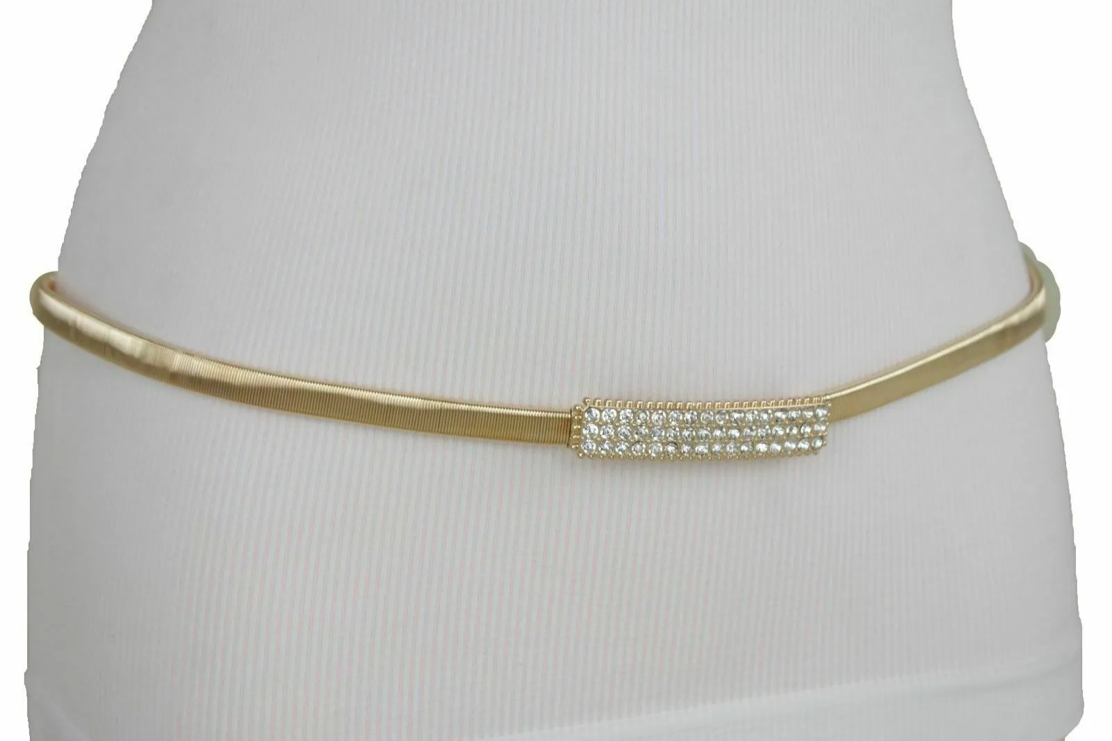 Women Skinny Gold Color Stretch Metal Waistband Fashion Belt Bling Buckle S M L