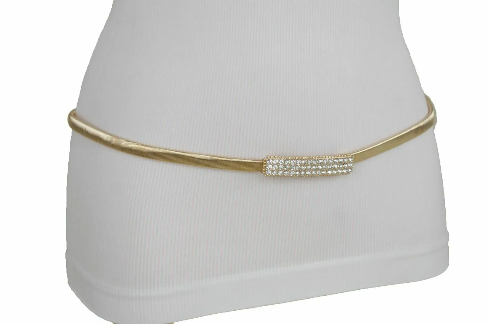 Women Skinny Gold Color Stretch Metal Waistband Fashion Belt Bling Buckle S M L