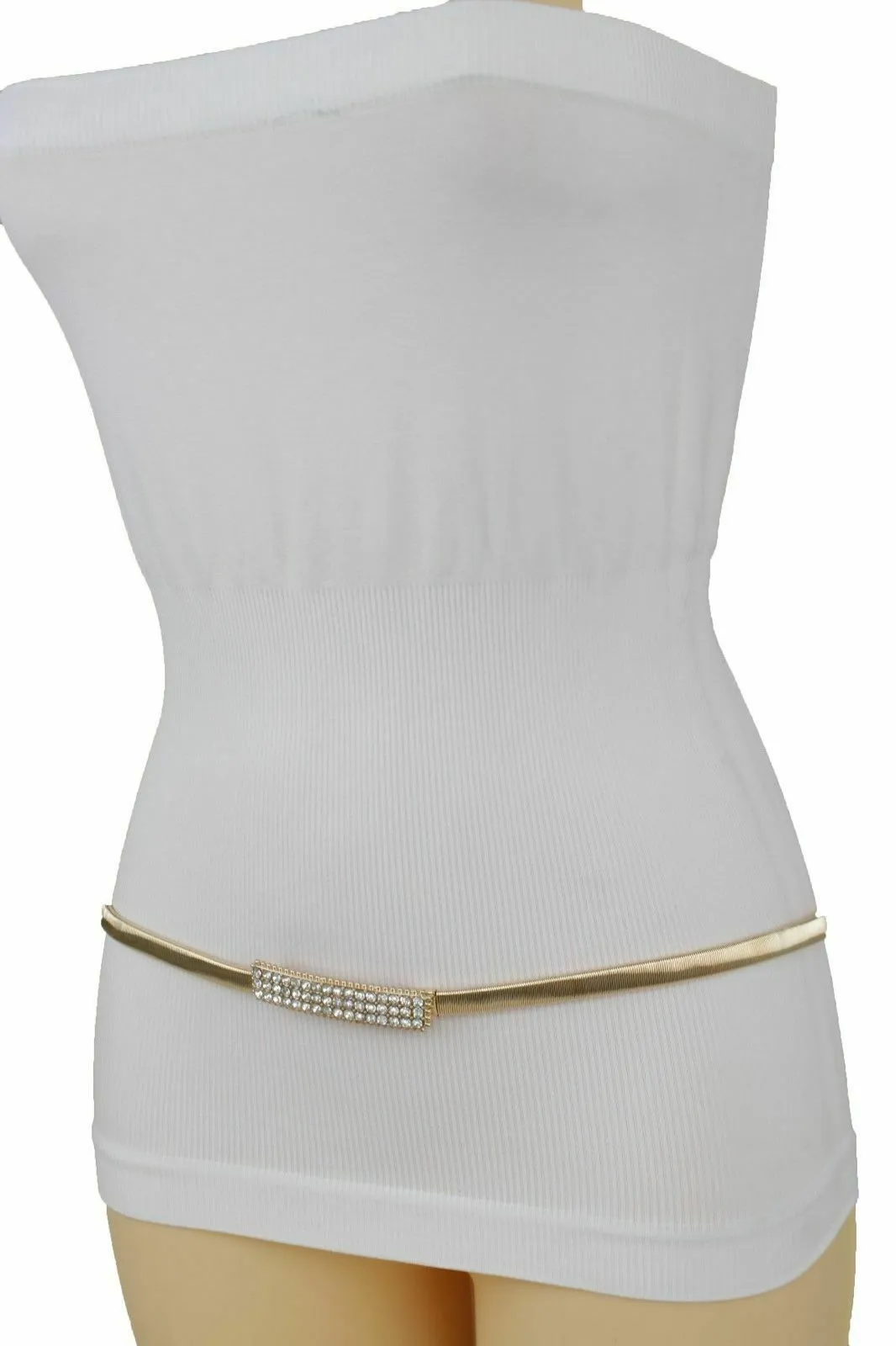 Women Skinny Gold Color Stretch Metal Waistband Fashion Belt Bling Buckle S M L