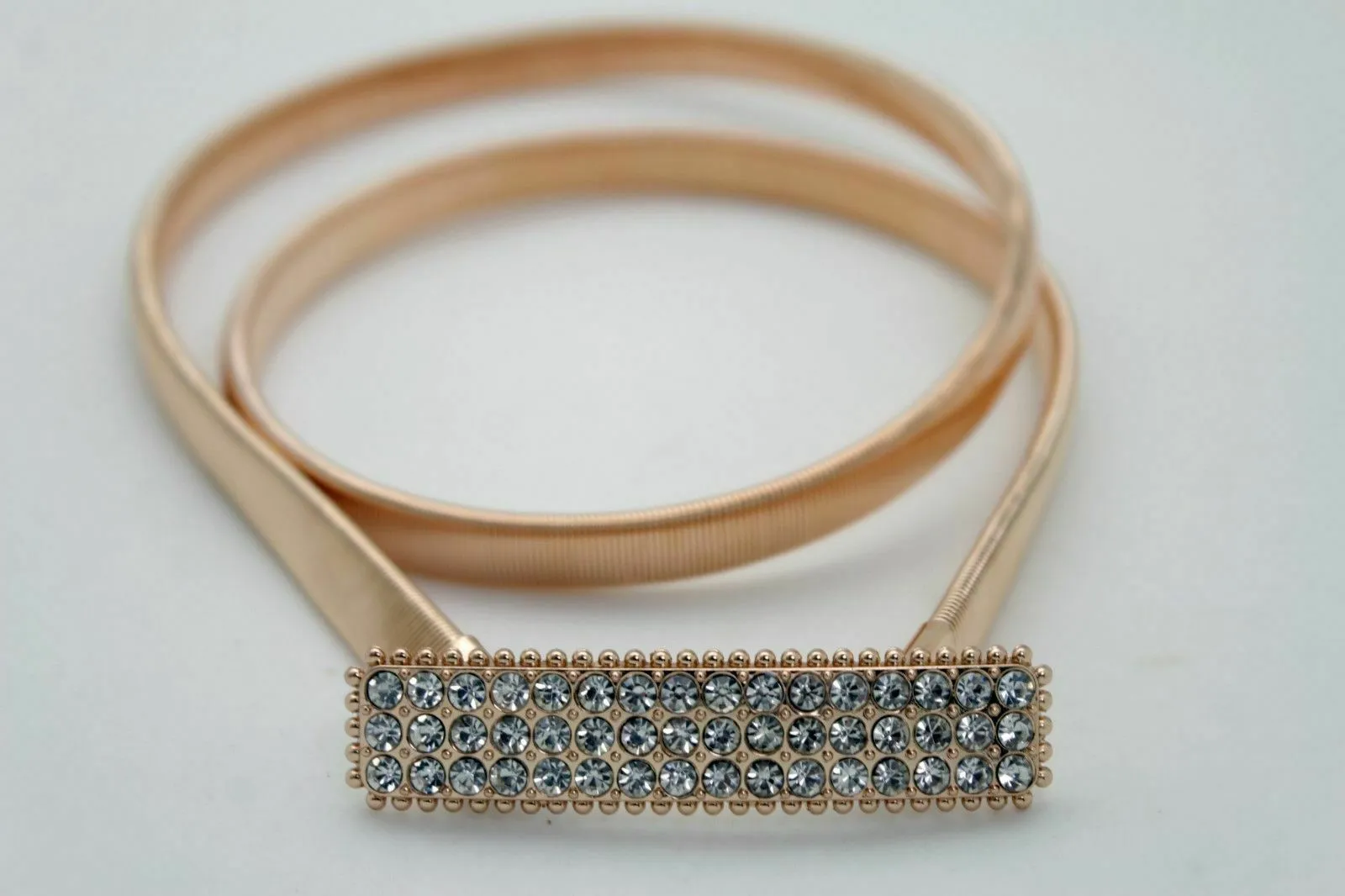 Women Skinny Gold Color Stretch Metal Waistband Fashion Belt Bling Buckle S M L