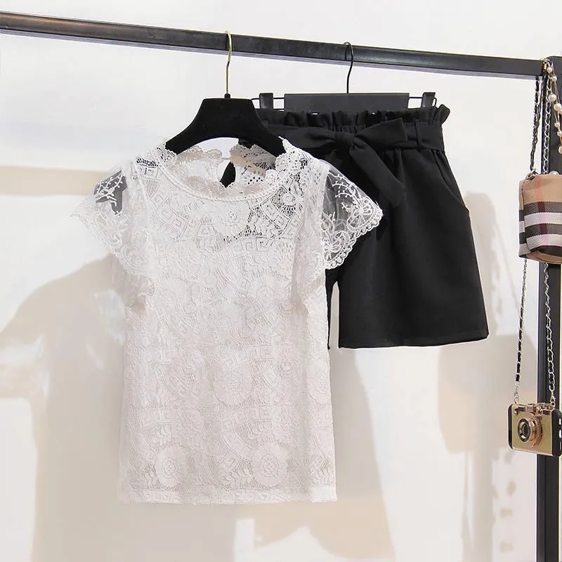 Women Slim High Quality O-Neck Cotton Lace T-Shirt High Waist Elastic Shorts Two Piece Set