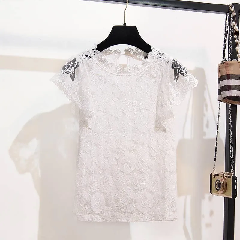 Women Slim High Quality O-Neck Cotton Lace T-Shirt High Waist Elastic Shorts Two Piece Set