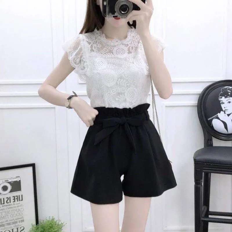 Women Slim High Quality O-Neck Cotton Lace T-Shirt High Waist Elastic Shorts Two Piece Set