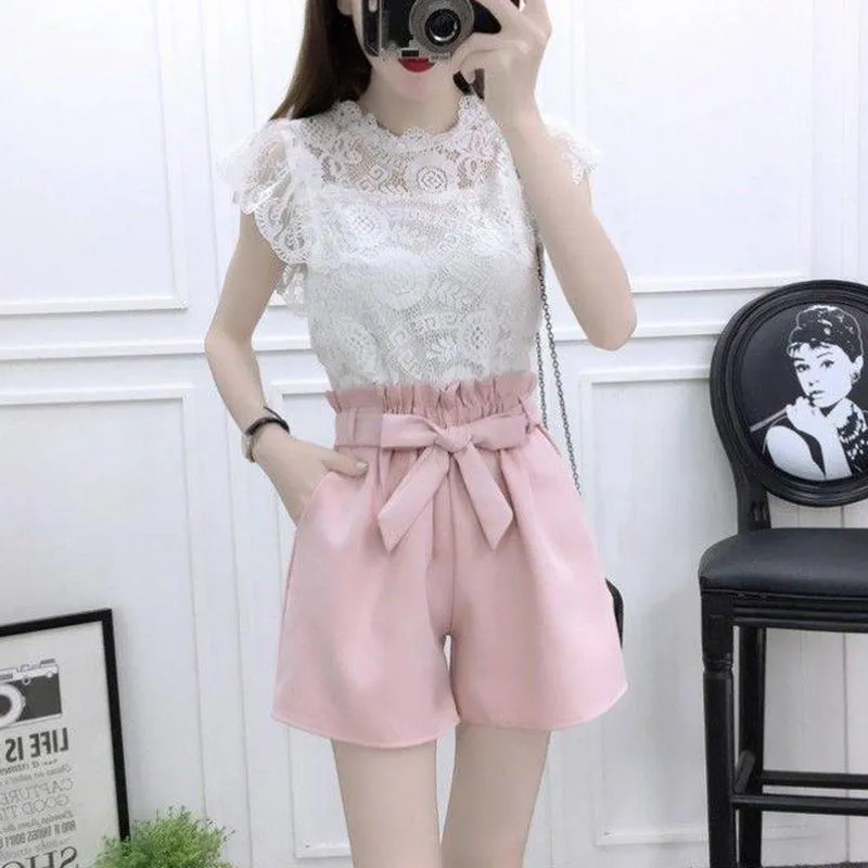 Women Slim High Quality O-Neck Cotton Lace T-Shirt High Waist Elastic Shorts Two Piece Set