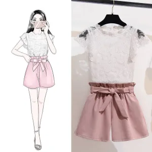 Women Slim High Quality O-Neck Cotton Lace T-Shirt High Waist Elastic Shorts Two Piece Set