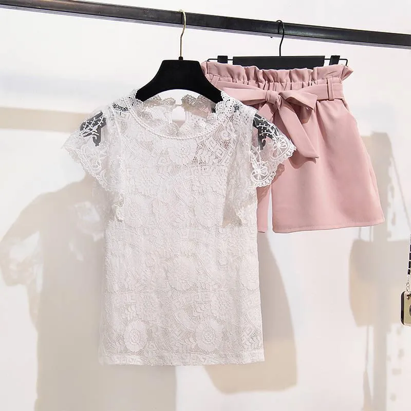 Women Slim High Quality O-Neck Cotton Lace T-Shirt High Waist Elastic Shorts Two Piece Set