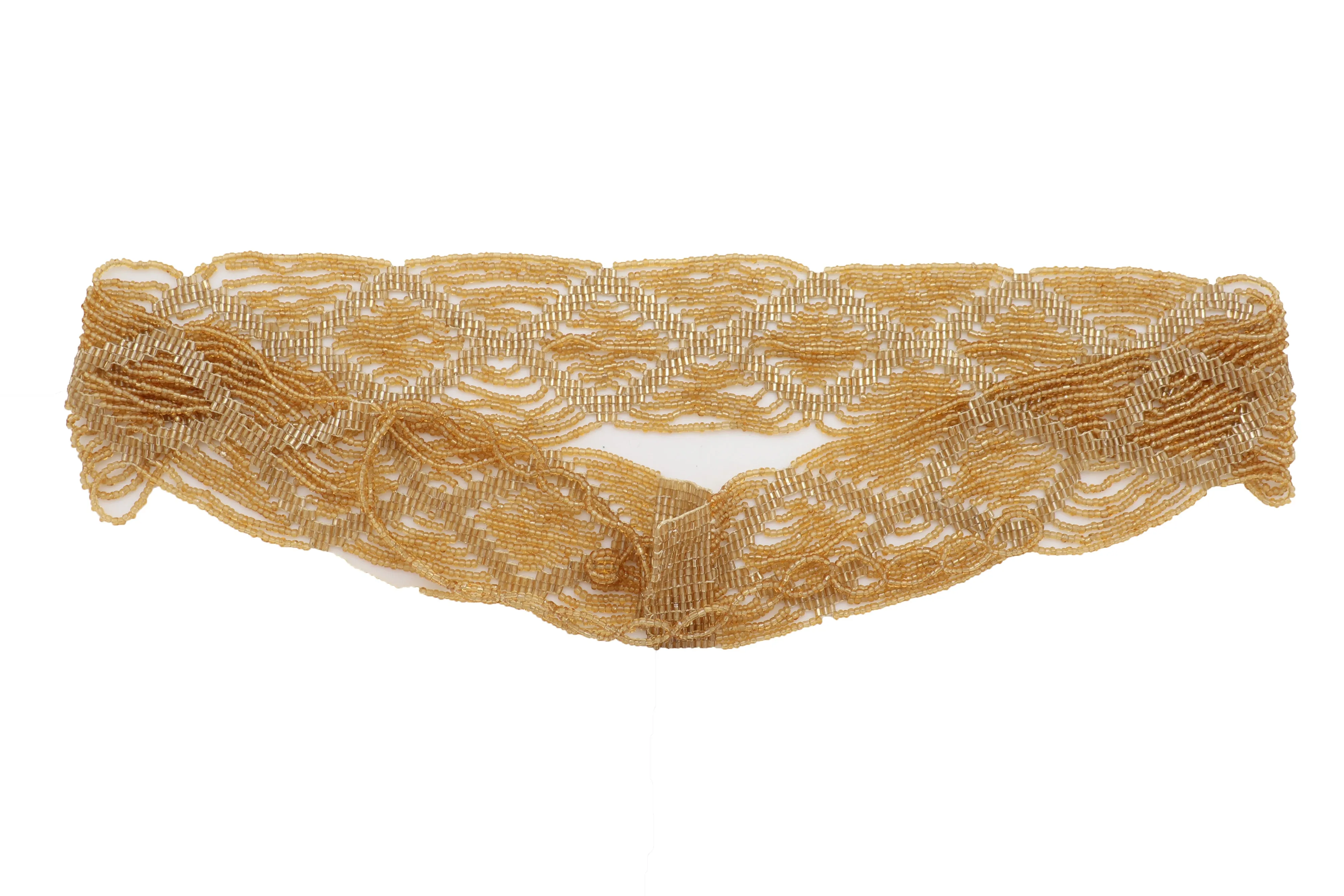Women Tie Fashion Belt Yellow Gold Beads Wrap Around Hip High Waist Adjustable Size Band M L