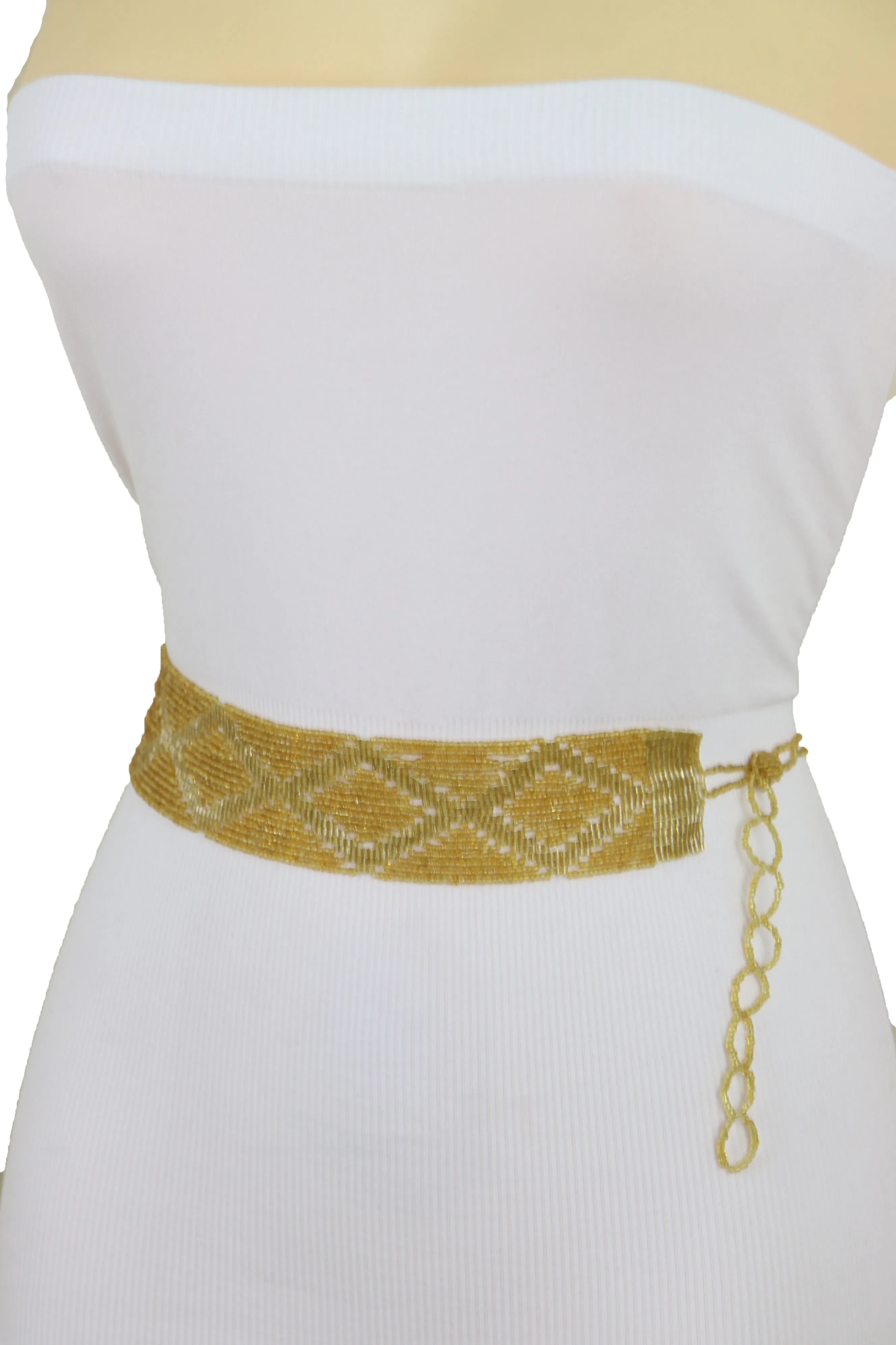 Women Tie Fashion Belt Yellow Gold Beads Wrap Around Hip High Waist Adjustable Size Band M L