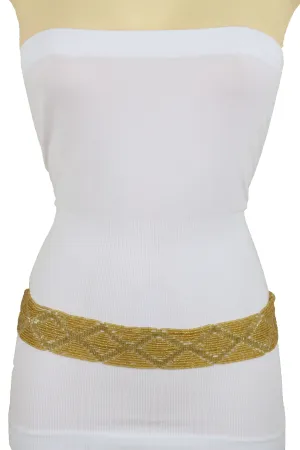 Women Tie Fashion Belt Yellow Gold Beads Wrap Around Hip High Waist Adjustable Size Band M L