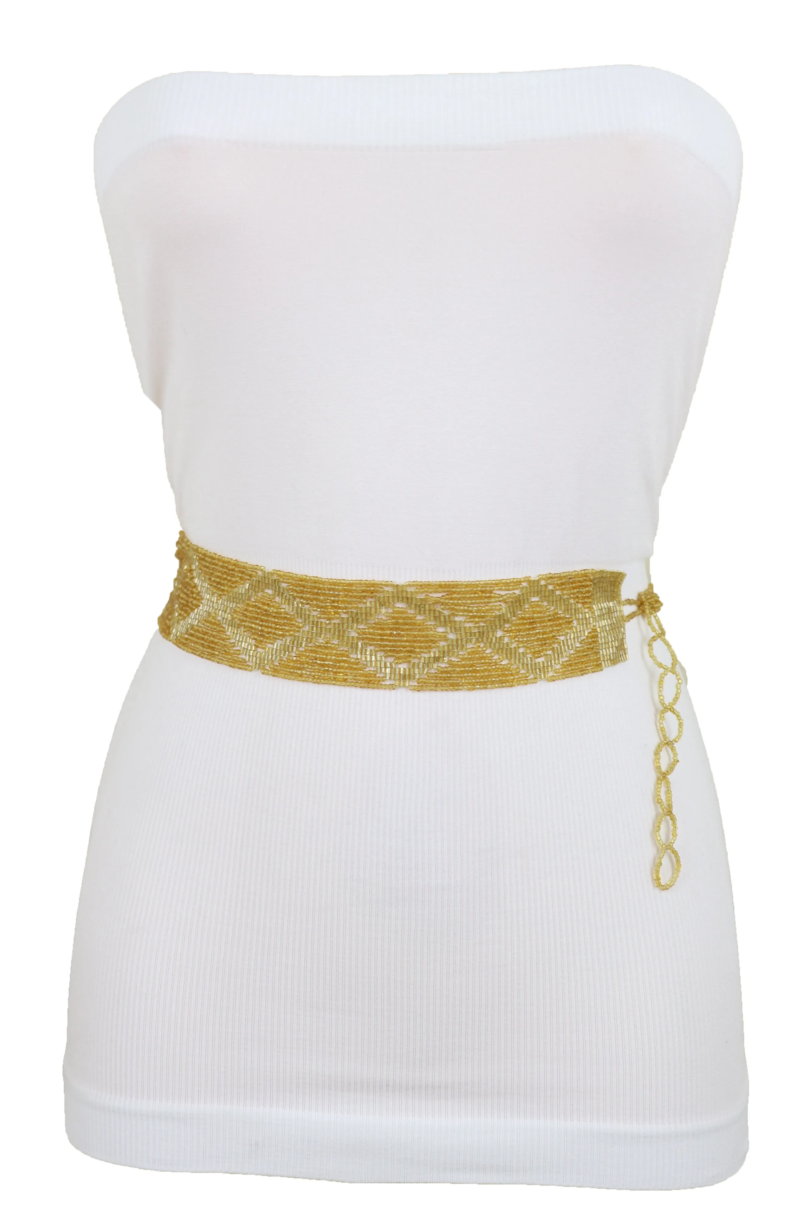 Women Tie Fashion Belt Yellow Gold Beads Wrap Around Hip High Waist Adjustable Size Band M L
