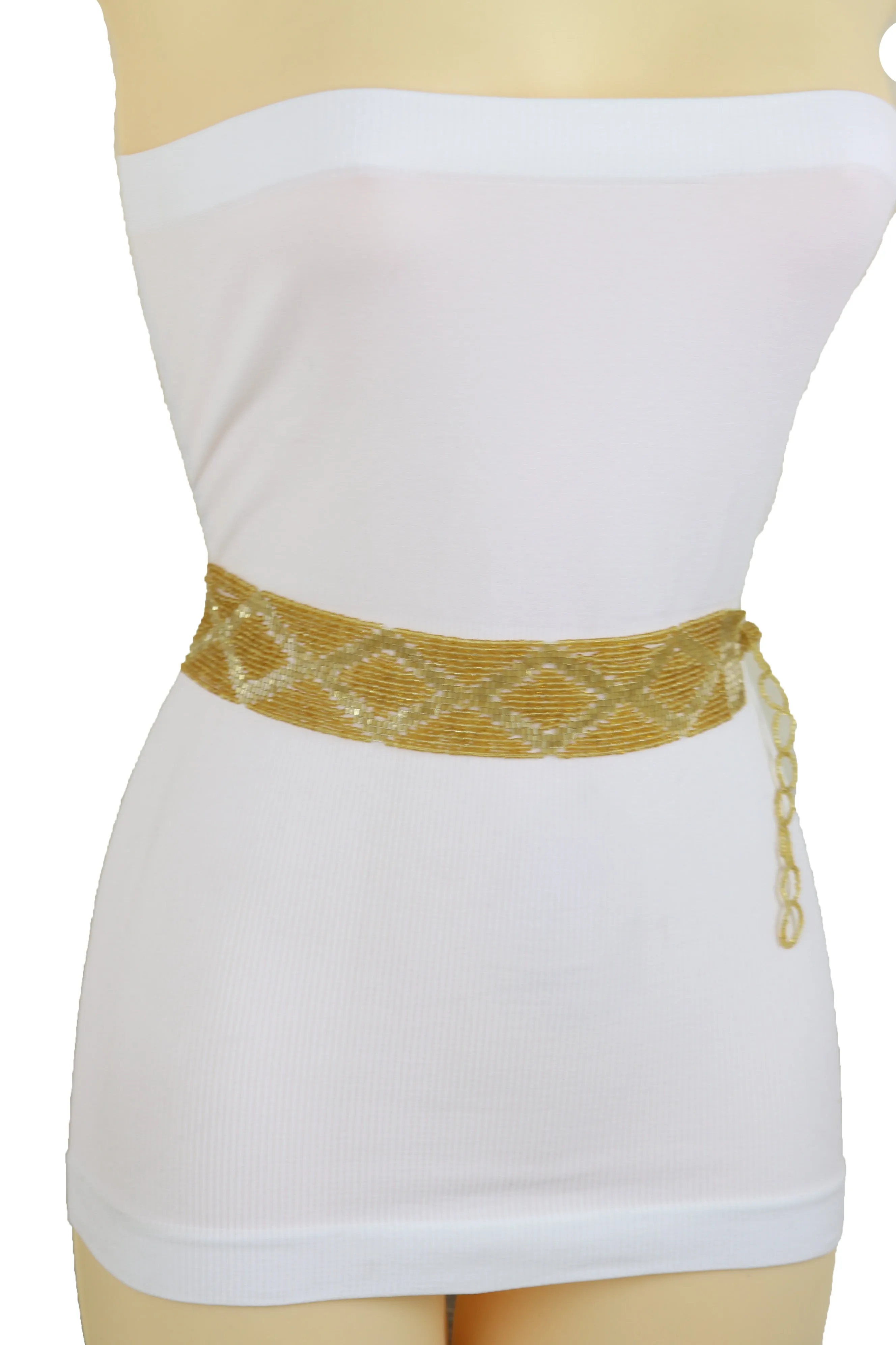 Women Tie Fashion Belt Yellow Gold Beads Wrap Around Hip High Waist Adjustable Size Band M L