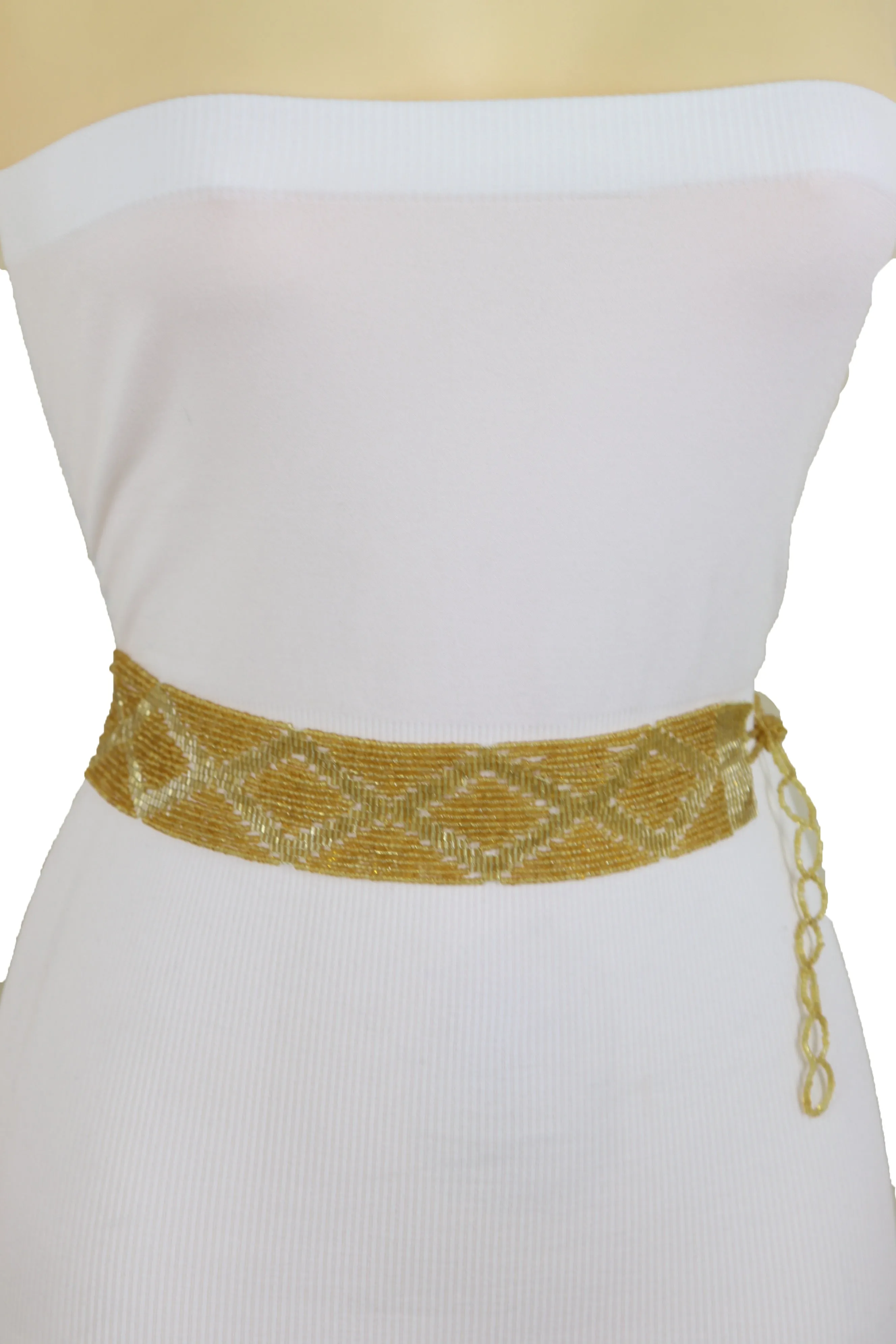 Women Tie Fashion Belt Yellow Gold Beads Wrap Around Hip High Waist Adjustable Size Band M L