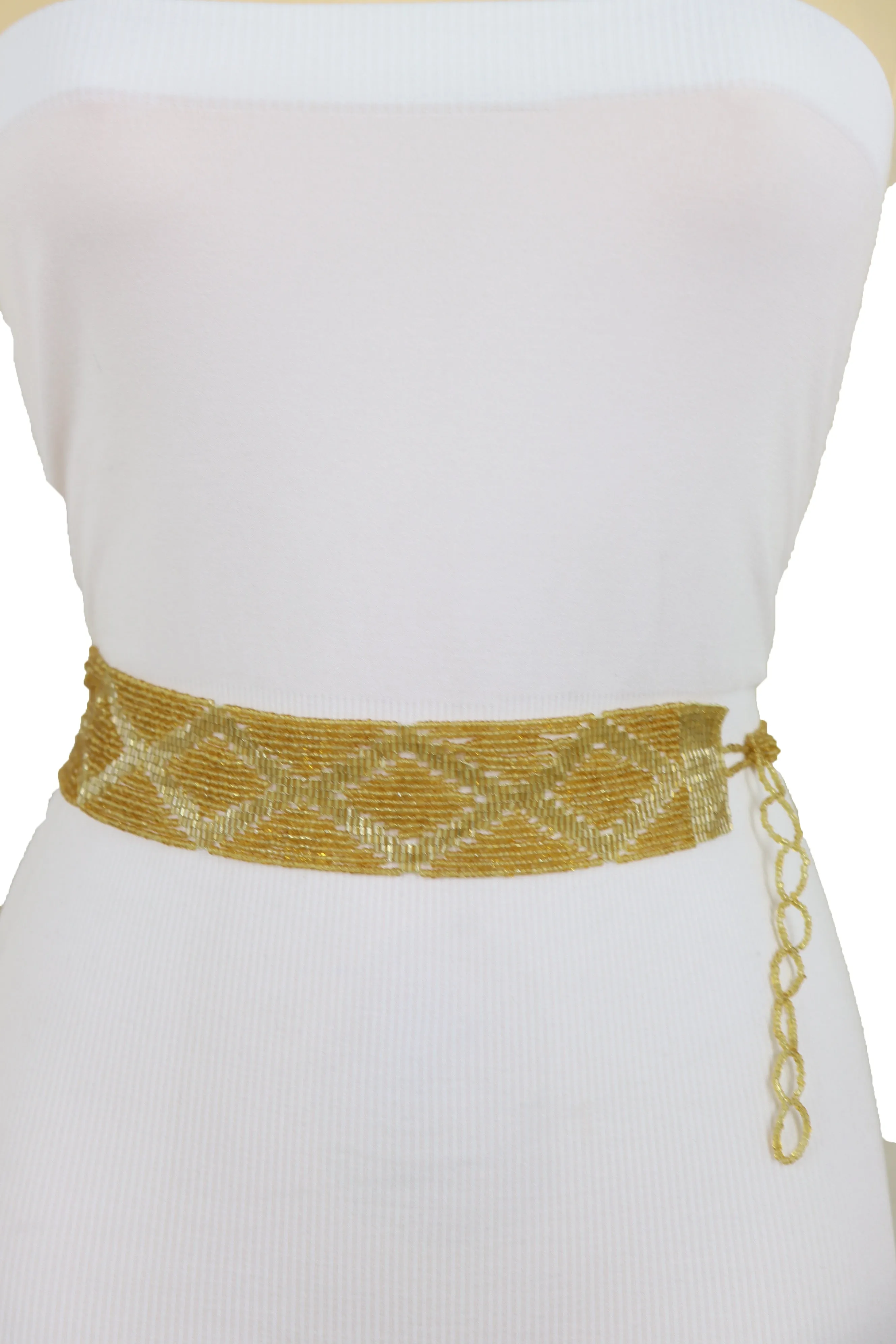 Women Tie Fashion Belt Yellow Gold Beads Wrap Around Hip High Waist Adjustable Size Band M L