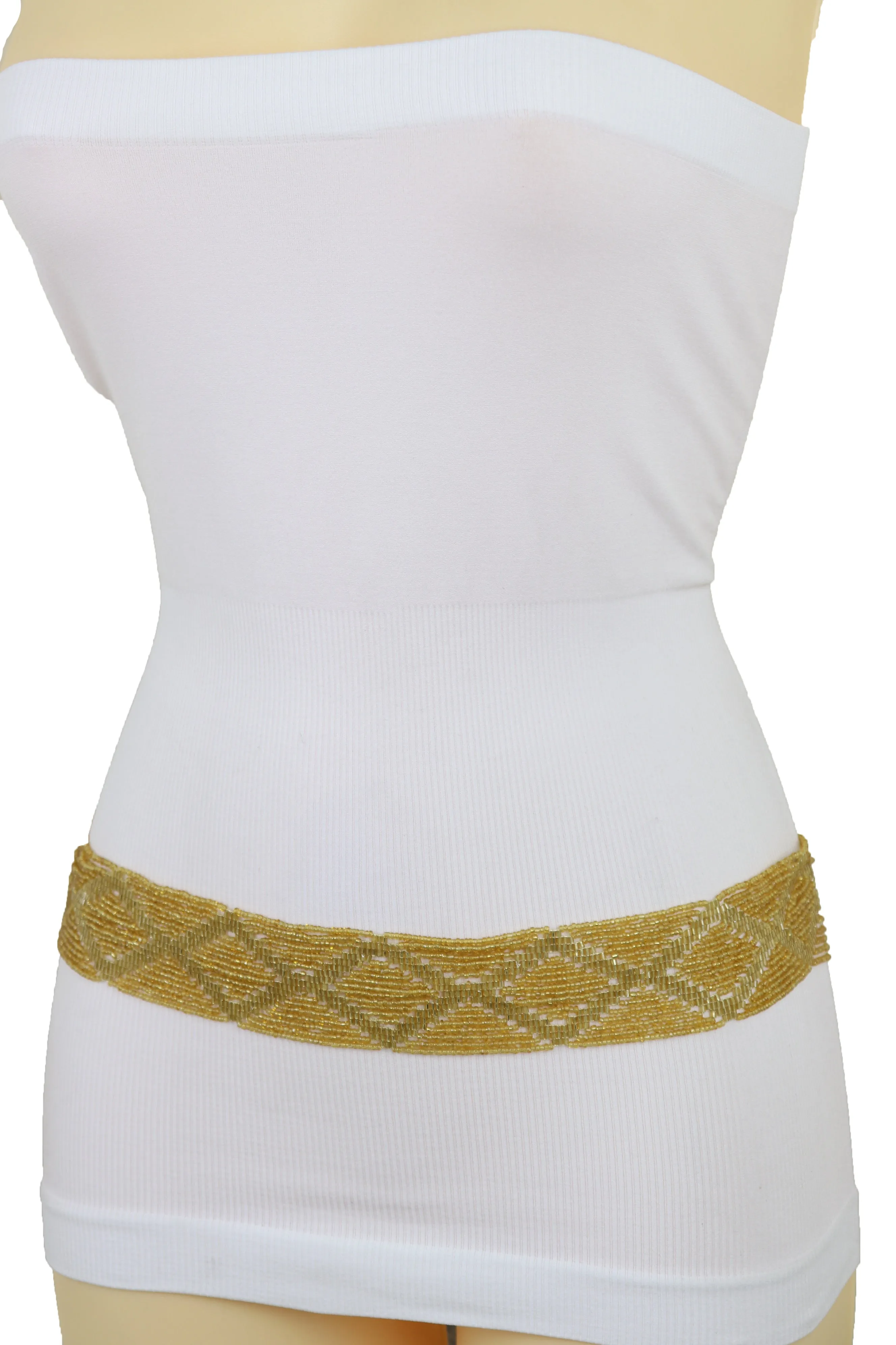Women Tie Fashion Belt Yellow Gold Beads Wrap Around Hip High Waist Adjustable Size Band M L