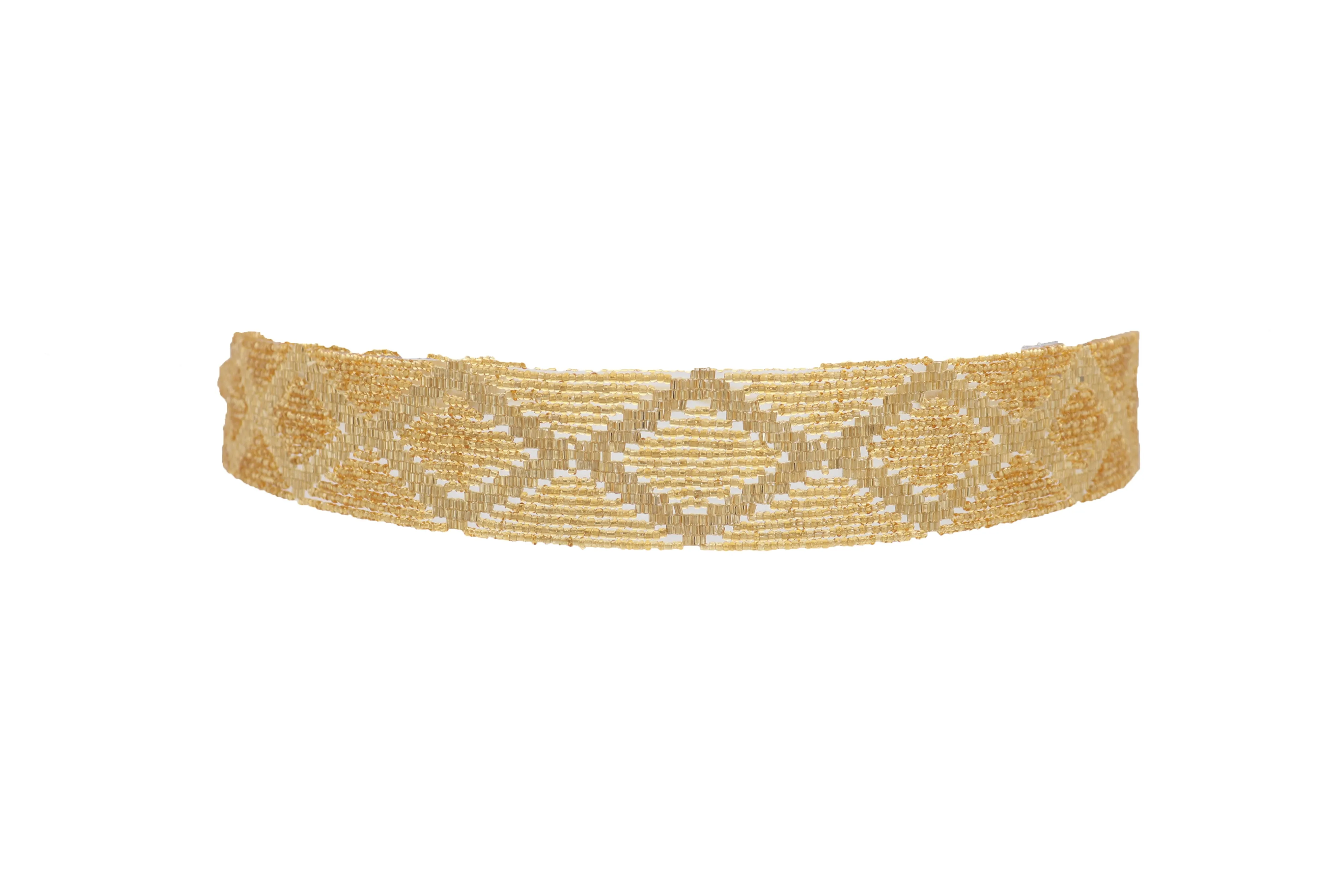 Women Tie Fashion Belt Yellow Gold Beads Wrap Around Hip High Waist Adjustable Size Band M L