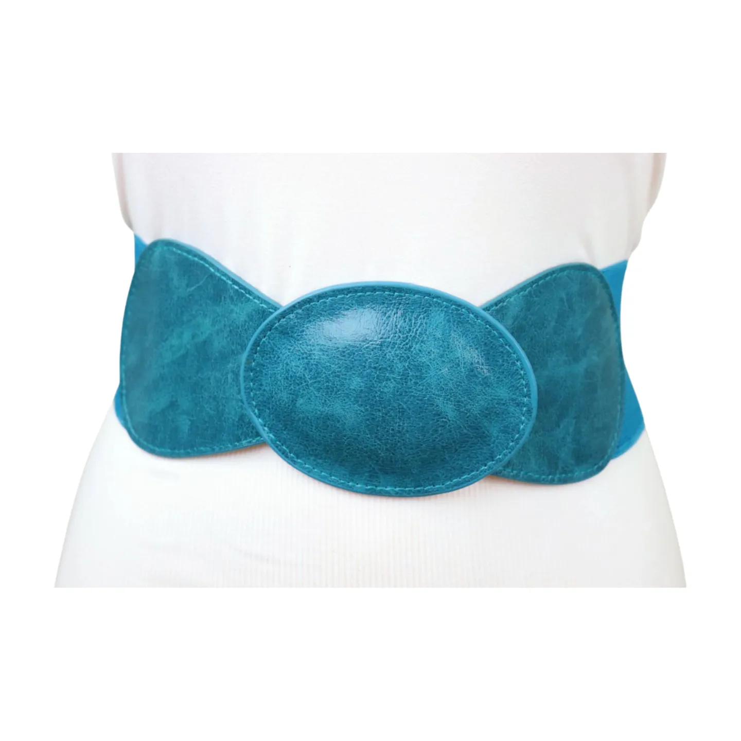 Women Turquoise Blue Elastic Fashion Belt Hip High Waist Oval Buckle M L